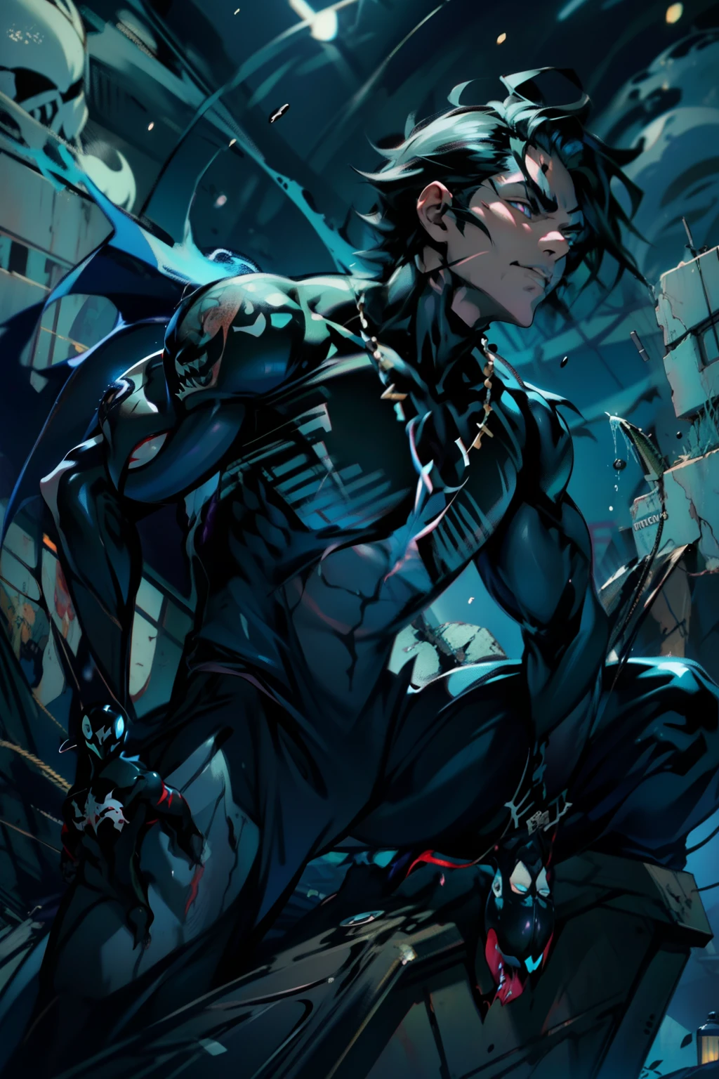 《the original god》Arataki Kazuto , male people, chest muscle, Sexy , Venom symbiote for your body, Black mucus of the body , into venom, venomize,Black bodysuit,(Cloak),Red cape,Abs,(Adult male)((Venom possession,venom symbiote)),over-Tortoise Man,Battle damage,((Masterpiece)), ((Best quality)), Ultra detailed,((illustration)), Dynamic Angle, Detailed light, (Delicate eyes), Floating, 1boy, Male focus, Head, Clothing, Yellow eyes, necklace, tattoo, (Forehead:0.8), (ahoge:0.8), jewelry, brunette color hair,apathy,Ray, chest muscle, Sexy , Venom symbiote for your body, Black mucus of the body , (into venom), Venom,frontage,Bust photo,White tight-fitting top,spiderman outfit,style of anime4 K, 4K anime wallpaper, Badass anime 8 K, 4 k comic wallpaper, young anime man, Anime boys, Anime wallpapers 4 k, Anime wallpaper 4K, High quality anime art style, Anime moe art style, Anime art wallpaper 8 K, Anime art wallpaper 4 K, RGB lighting,