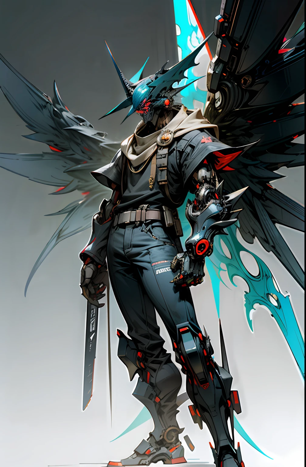 Dark fantasy style，cyber punk style，Chainsaw、Chainsaw man、red colour（Weight 1.1），of a guy，Mechanical Wonder，Mechanical presence，Cyber Protector，Black and cyan accents，With wings，Pointy。