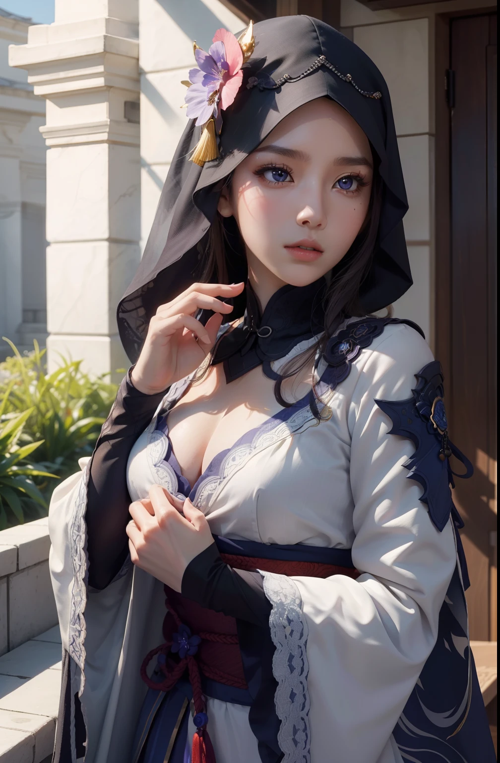 .Masterpiece:1.2, Best quality), Realistic, (Real picture, Intricate details, Depth of field), (1girll, Solo), make up, parted lip, highly detailed, Perfect face, (skin indentation), glossy coral lips, (A girl wearing full hijab, Islamic clothes), Blushing, Raiden baal (raiden shougn) A scene from the《Genshin Impact》,high-detailed hands,