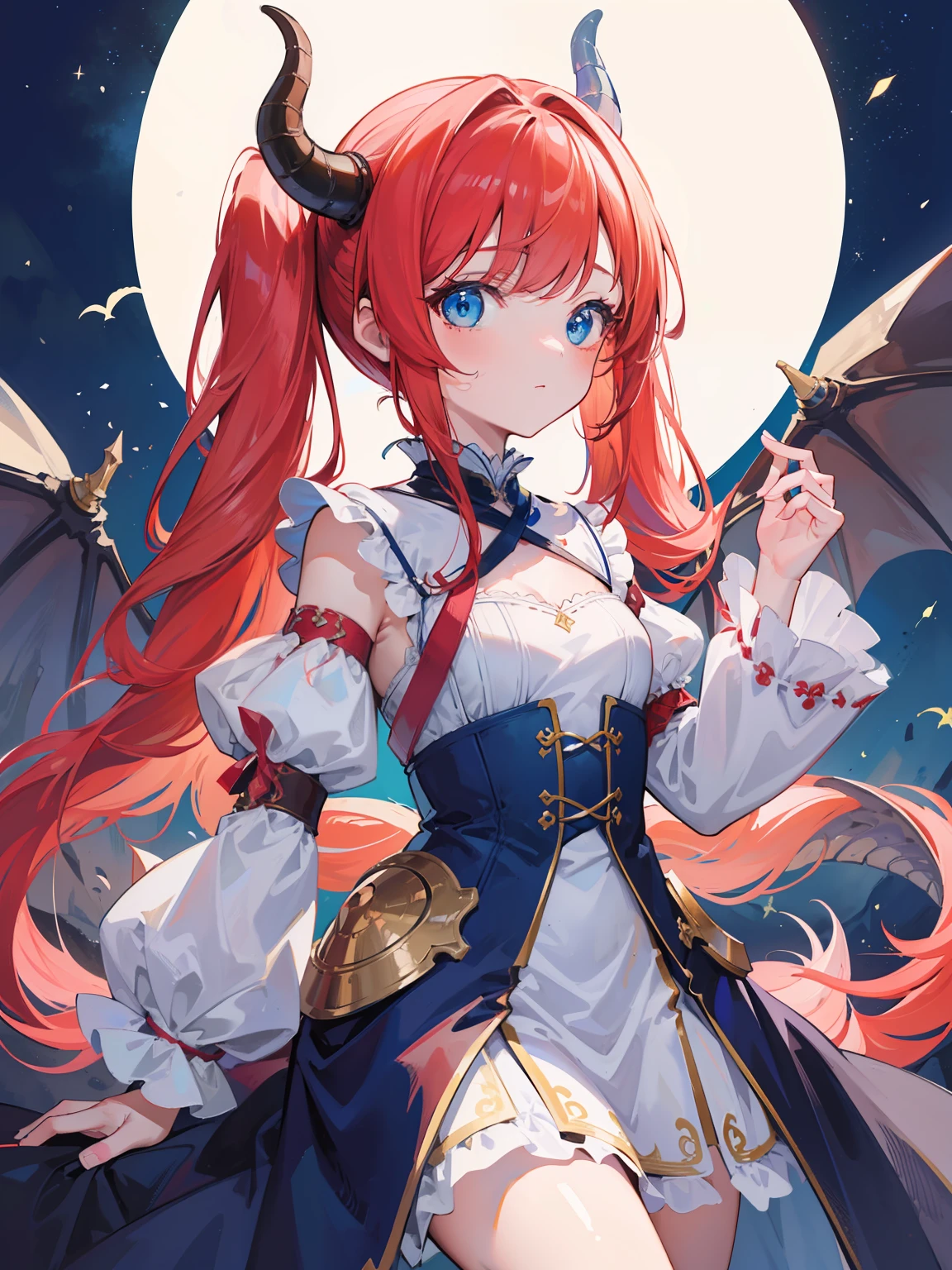 {{best quality}}, {{masterpiece}}, {{ultra-detailed}}, {illustration}, {detailed light}, {an extremely delicate and beautiful},Dragon Horns, girl, solo, Twintails, red hair, blue eyes, cute, fantasy, fantasy style, Dragon Girl,li,liirl,