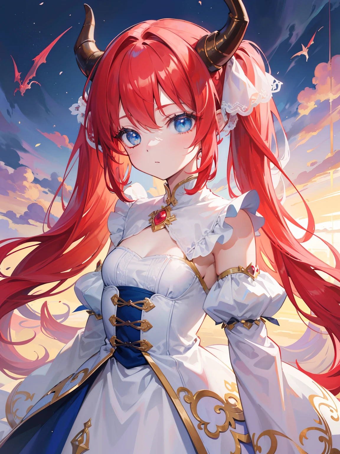 {{best quality}}, {{masterpiece}}, {{ultra-detailed}}, {illustration}, {detailed light}, {an extremely delicate and beautiful},Dragon Horns, girl, solo, Twintails, red hair, blue eyes, cute, fantasy, fantasy style, Dragon Girl,loli,little girl,