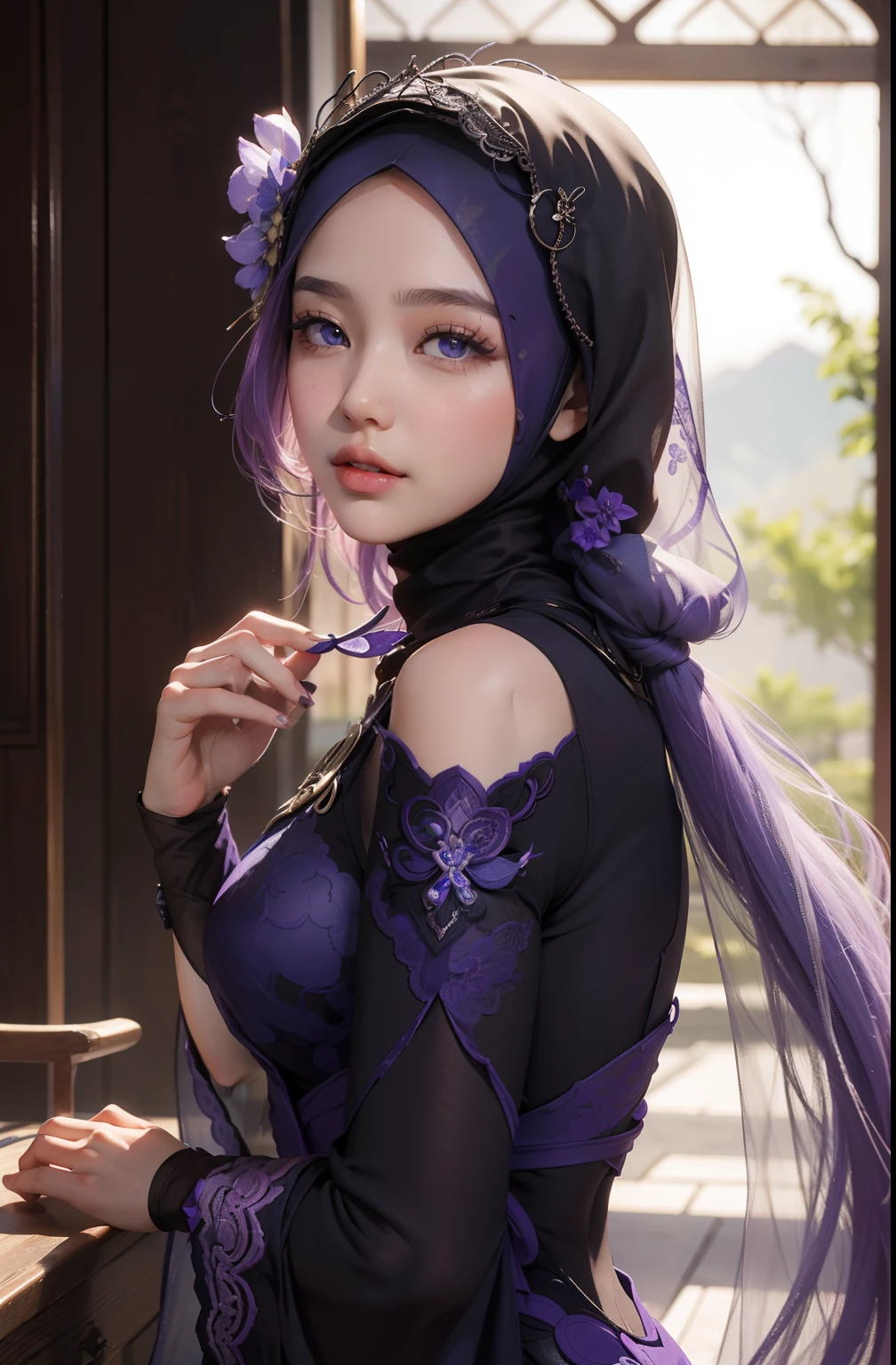 .Masterpiece:1.2, Best quality), Realistic, (Real picture, Intricate details, Depth of field), (1girll, Solo), make up, parted lip, highly  detailed, Perfect face, (skin indentation), glossy coral lips, (A girl wearing full hijab, Islamic clothes), Blushing, Raiden baal (raiden shougn) A scene from the《Genshin Impact》,high-detailed hands,