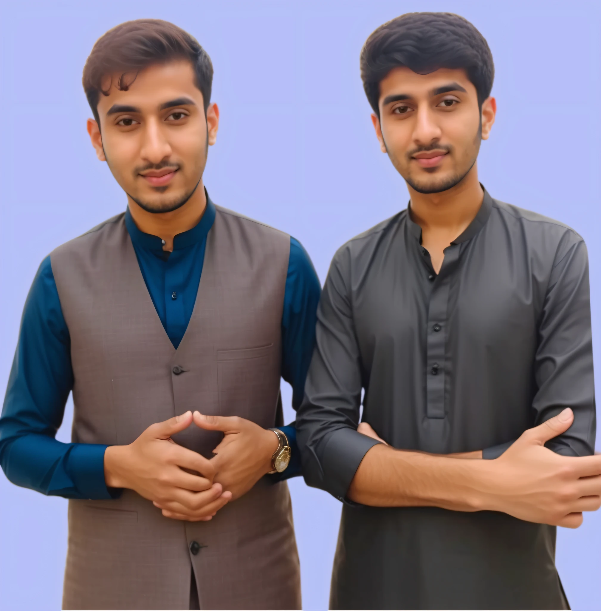 two men standing next to each other with their hands together, two young men, profile pic, ghutra and egal, ash thorp khyzyl saleem, very very low quality picture, very clear picture, accurate depiction, photo taken in 2 0 2 0, no background, wearing a kurta, profile picture 1024px, extremely graphic
