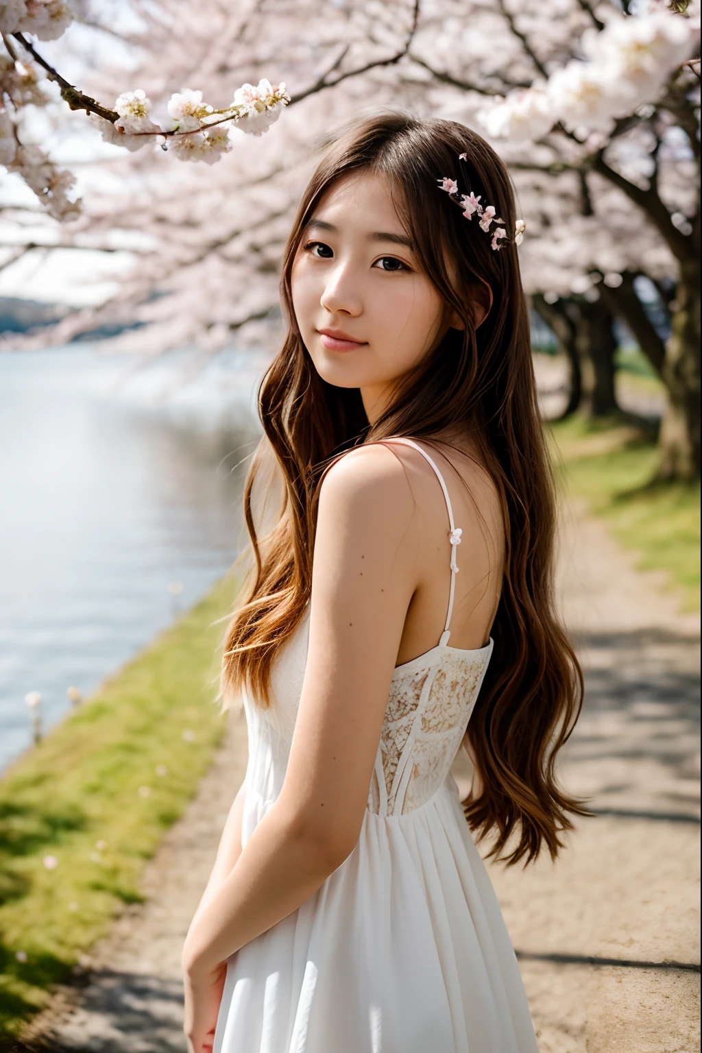 RAW photo (20 year old girl),White dress,  Long hair, Realistic skin, (highdetailskin:1.2), Messy hair, There are many cherry blossom trees by the lake,  Depth of field,   dynamicposes,Spring colors,Realistic, filmgrain,Bright color,Beautiful face,Soft natural lighting