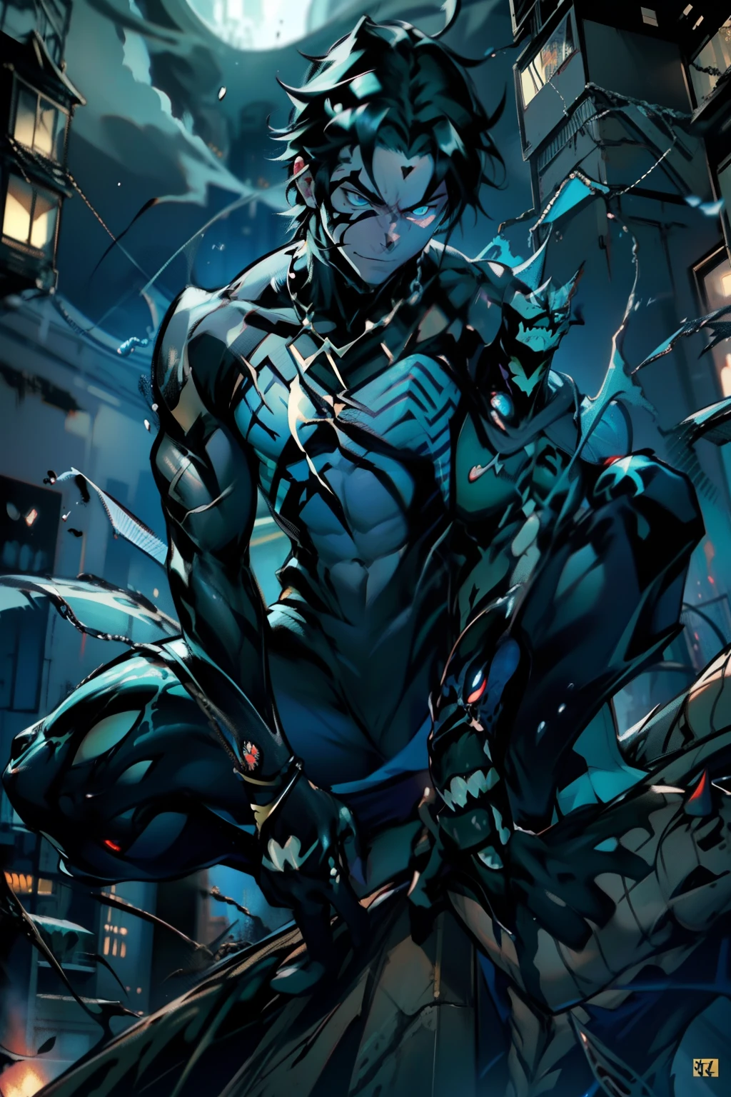 《the original god》Arataki Kazuto , male people, chest muscle, Sexy , Venom symbiote for your body, Black mucus of the body , into venom, venomize,Black bodysuit,(Cloak),Red cape,Abs,(Adult male)((Venom possession,venom symbiote)),over-Tortoise Man,Battle damage,((Masterpiece)), ((Best quality)), Ultra detailed,((illustration)), Dynamic Angle, Detailed light, (Delicate eyes), Floating, 1boy, Male focus, Head, Clothing, Yellow eyes, necklace, tattoo, (Forehead:0.8), (ahoge:0.8), jewelry, brunette color hair,apathy,Ray, chest muscle, Sexy , Venom symbiote for your body, Black mucus of the body , (into venom), Venom,frontage,Bust photo,White tight-fitting top,spiderman outfit,style of anime4 K, 4K anime wallpaper, Badass anime 8 K, 4 k comic wallpaper, young anime man, Anime boys, Anime wallpapers 4 k, Anime wallpaper 4K, High quality anime art style, Anime moe art style, Anime art wallpaper 8 K, Anime art wallpaper 4 K, RGB lighting,