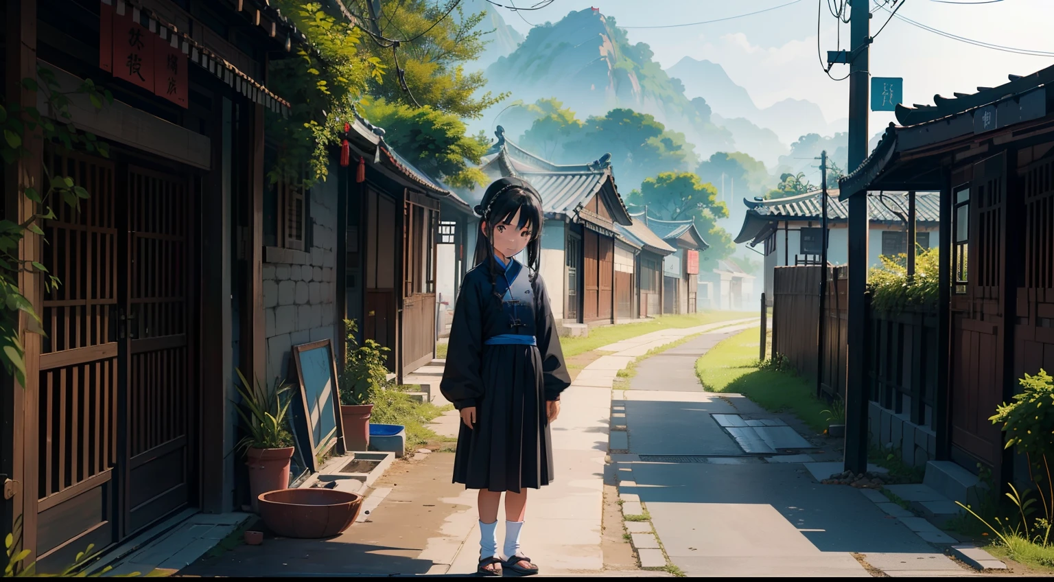 （（best qualtiy））， （（tmasterpiece））， （The is very detailed：1.3）， Rural China，(a 10 years old girl，Black color hair，Blue clothes),are standing
