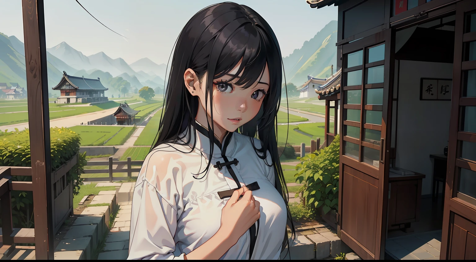 （（best qualtiy））， （（tmasterpiece））， （The is very detailed：1.3）， Rural China，(A 30-year-old woman，Black eyes，black color hair，White clothes),The hand touched his heart