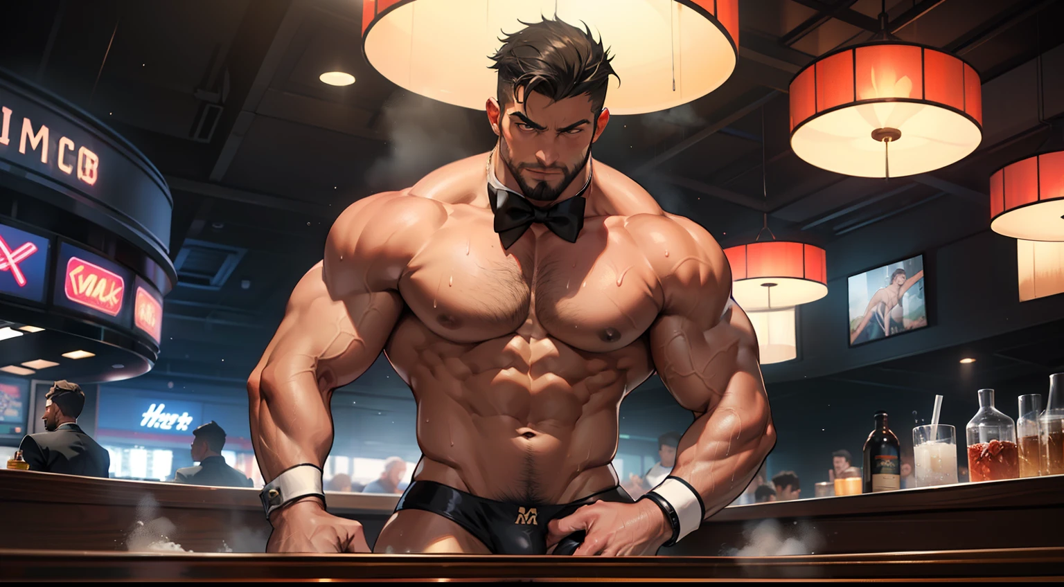 Full body depiction, men only, sexy, sensual, space full of hot air and steam, dimly lit luxury club, haze does not show the background well, luxury casino, squats on table, slot machine, roulette, game table, gambling, strip, large playroom, party, playboy bunny, rabbit ears, white cuffs on wrist, black bow tie, bunny boy, mega muscle, Hyper muscle, masculine appearance, mature male, handsome, underwear only, shirtless, no pants, beautiful muscles, complex and elegant, highly detailed digital painting, anime style art, art station, concept art, top quality, masterpiece, ultra high definition, detailed background, realistic figure, muscular man, beard, muscle, facial hair, volumetric lighting, depth of field, bend down, squats, show aside, smooth and sharp focus, illustration, art, string latex bikini, men's string latex bikini, men's string bikini, ass digging string, facial hair, trimmed hair, muscle, navel, muscle, male, gay, hyper muscle, male focus, muscle male, yaoi, muscle, buttocks, pectoral muscles, large pectoral muscles, thick quadriceps, thighs, Wet body, heat and steam emanating from the body, sweating, soaked, crotch, face down on white beach bed under striped parasol, big back, turning around, showing back, showing ass, upper class, bunny boy waiter, tropical drink, shiny oiled skin, glittering oiled skin, tanned skin, bubble ass, dog style, bunny boy waiter and guest guys