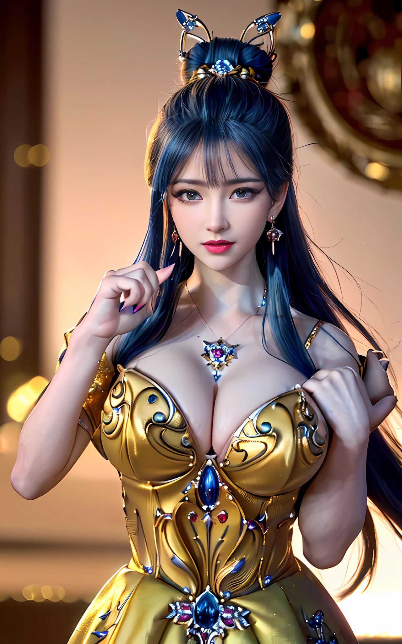 ((realisticity: 1.2)), ((realistic: 8K UHD)), ((best resolution: 8K UHD)), hyper detailed, best quality,masterpiece,highres,cg, ((1 girl hyper detailed and hyper realistic) ) , ((beautiful queen, hyper realistic and hyper detailed)),((white skin, beautiful, smooth, youthful, hyper realistic and hyper detailed )), ((Face hyper beautiful, white, hyper realistic and hyper detailed ) ), long hair, ((hyper realistic and hyper detailed dress)), solo, ((hyper realistic, hyper beautiful, beautiful and hyper detailed jewelry)), ((hyper beautiful deep red and golden yellow dress, hyper realistic and hyper detailed )) , ((Her pretty, hyper realistic, hyper detailed diamond filled earrings)), ((Her gorgeous diamond haircut, hyper realistic and hyper detailed)), ((hyper pretty upper body, hyper beautiful, hyper realistic and hyper detailed) ), ((medium breast: 1.5)), ((hyper realistic, hyper pretty, hyper detailed boobs)), ((the backgroun of the royal palace is hyper majestic, hyper realistic and hyper detailed)),((hands and palms hyper beautiful, hyper detailed, hyper realistic)), ((hyper detailed and hyper realistic fingers and fingernails)), ((hyper pretty, hyper pretty, hyper realistic and hyper detailed hair bun)), ((hyper pretty , hyper realistic and hyper detailed blue hair)), candid, Photo, high resolution, 8k , bokeh,