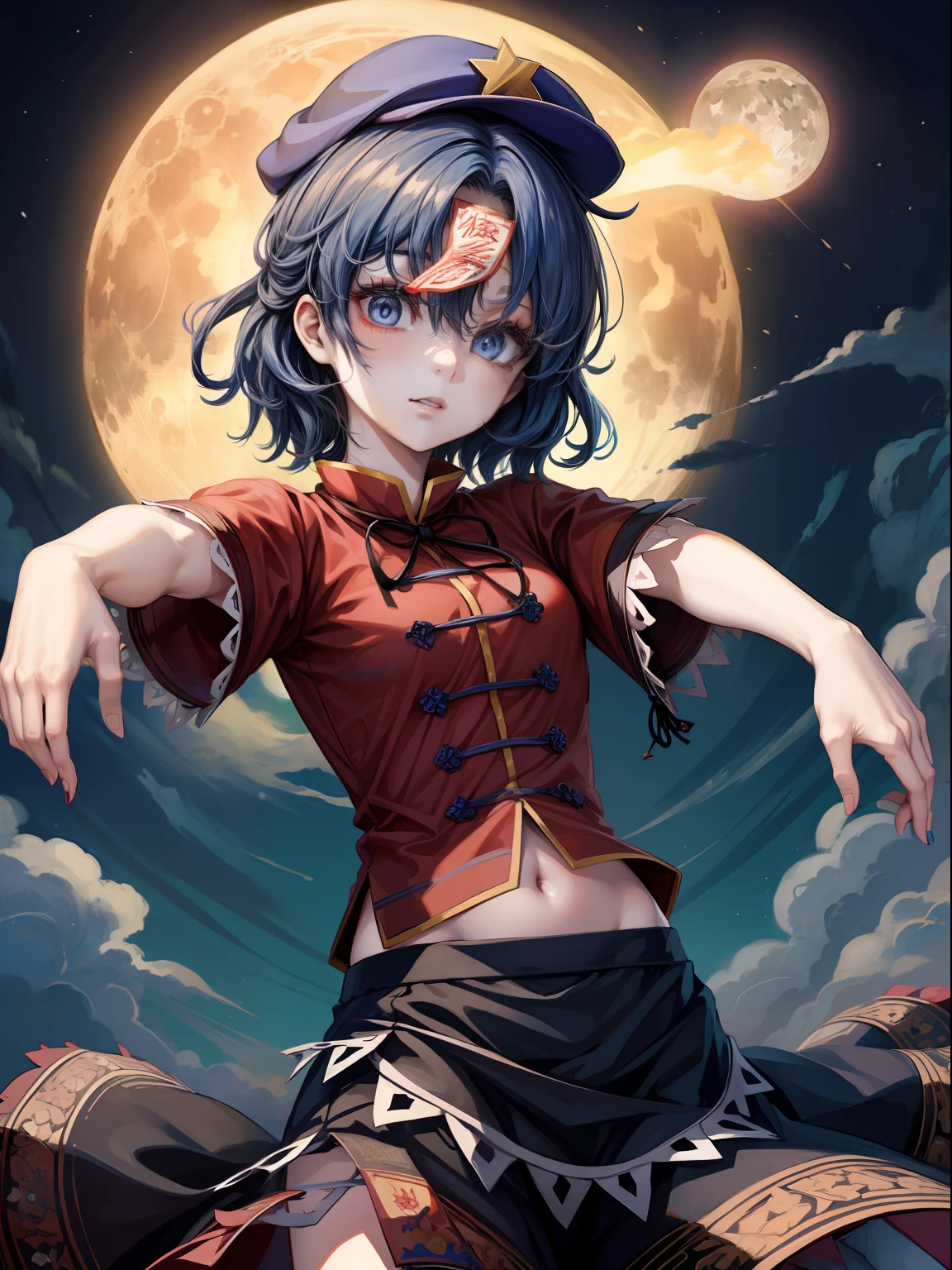 1girl,hat,star hat ornament,ofuda,blue hair,short hair,blue eyes,tangzhuang,red shirt,short sleeves, skirt,pale skin, jiangshi,
zombie pose, outstretched arms,natta、burial site、The moon is out、Beautiful sky、master piece,perfect body, detail eye,
