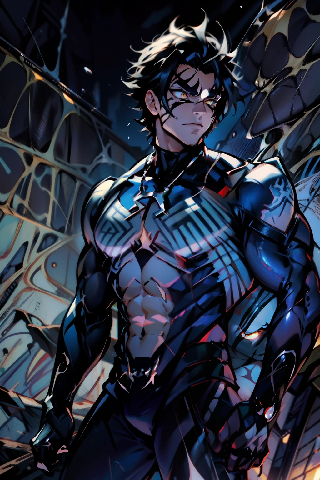 《the original god》Arataki Kazuto , male people， chest muscle， Sexy , Venom symbiote for your body, Black mucus of the body , into venom, venomize，Black bodysuit，（Cloak），Red cape，Abs，（Adult male）（（Venom possession，venom symbiote）），over-Tortoise Man，Battle damage，((Masterpiece)), ((Best quality)), Ultra detailed,((illustration)), Dynamic Angle, Detailed light, (Delicate eyes), Floating, 1boy, Male focus, Head, Clothing, Yellow eyes, necklace, tattoo, (Forehead:0.8), (ahoge:0.8), jewelry, brunette color hair,apathy，Ray， chest muscle， Sexy , Venom symbiote for your body, Black mucus of the body , （into venom）, Venom，frontage，Bust photo，White tight-fitting top，spiderman outfit，style of anime4 K， 4K anime wallpaper， Badass anime 8 K， 4 k comic wallpaper， young anime man， Anime boys， Anime wallpapers 4 k， Anime wallpaper 4K， High quality anime art style， Anime moe art style， Anime art wallpaper 8 K， Anime art wallpaper 4 K， RGB lighting，