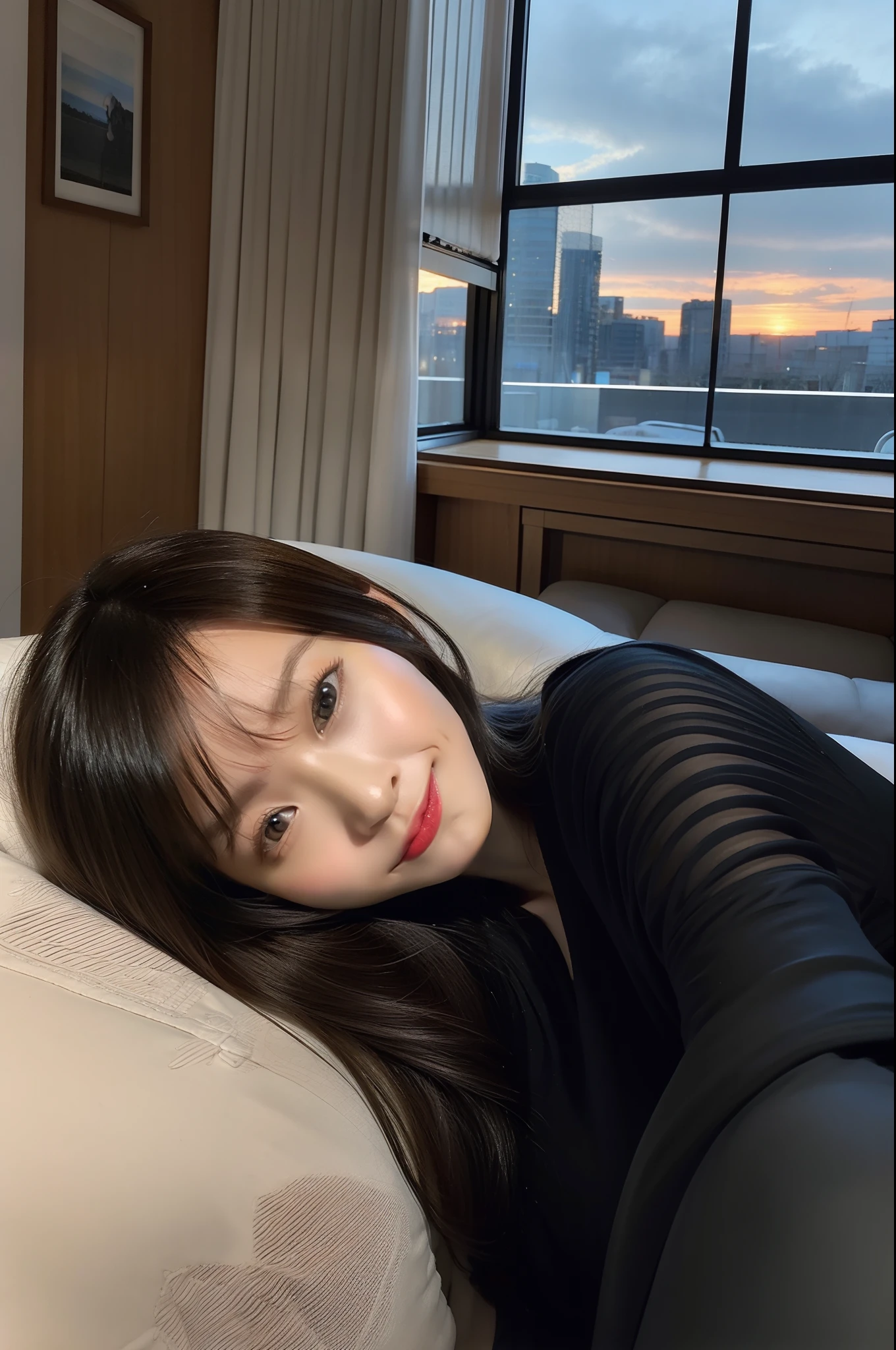 (Photorealsitic:1.4),masterpiece, best_quality,Skysky, stele(Skysky), window, natta, business sui,Beautiful detailed adult woman, nigh sky, 独奏, , length hair, 城市, inside in room,Lying on the sofa,I've been resting since work、Looking at your smartphone,Black tights,A Japanese Lady、the whole