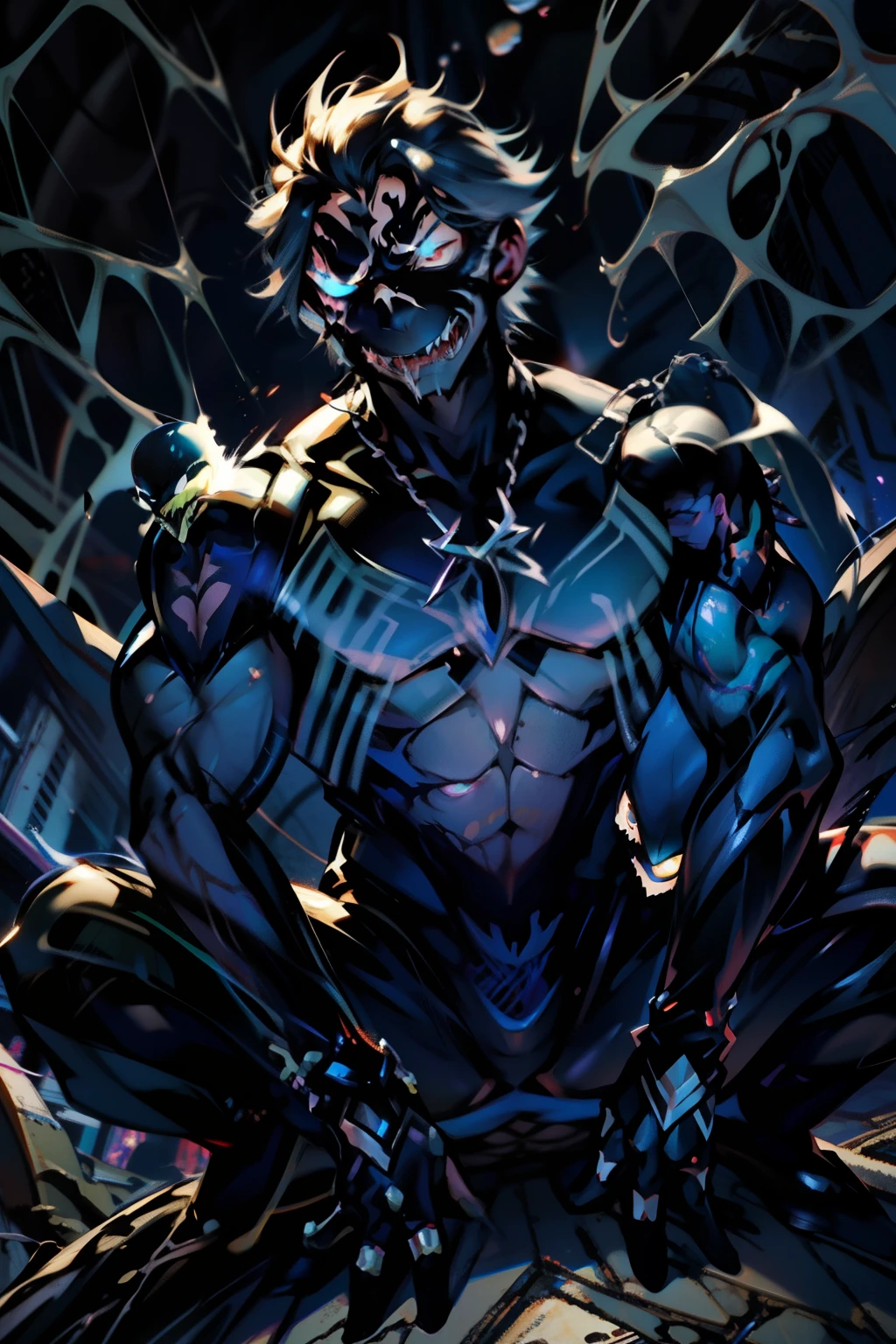 《the original god》Arataki Kazuto , male people, chest muscle, Sexy , Venom symbiote for your body, Black mucus of the body , into venom, venomize,Black bodysuit,(Cloak),Red cape,Abs,(Adult male)((Venom possession,venom symbiote)),over-Tortoise Man,Battle damage,((Masterpiece)), ((Best quality)), Ultra detailed,((illustration)), Dynamic Angle, Detailed light, (Delicate eyes), Floating, 1boy, Male focus, Head, Clothing, Yellow eyes, necklace, tattoo, (Forehead:0.8), (ahoge:0.8), jewelry, brunette color hair,apathy,Ray, chest muscle, Sexy , Venom symbiote for your body, Black mucus of the body , (into venom), Venom,frontage,Bust photo,White tight-fitting top,spiderman outfit,style of anime4 K, 4K anime wallpaper, Badass anime 8 K, 4 k comic wallpaper, young anime man, Anime boys, Anime wallpapers 4 k, Anime wallpaper 4K, High quality anime art style, Anime moe art style, Anime art wallpaper 8 K, Anime art wallpaper 4 K, RGB lighting,