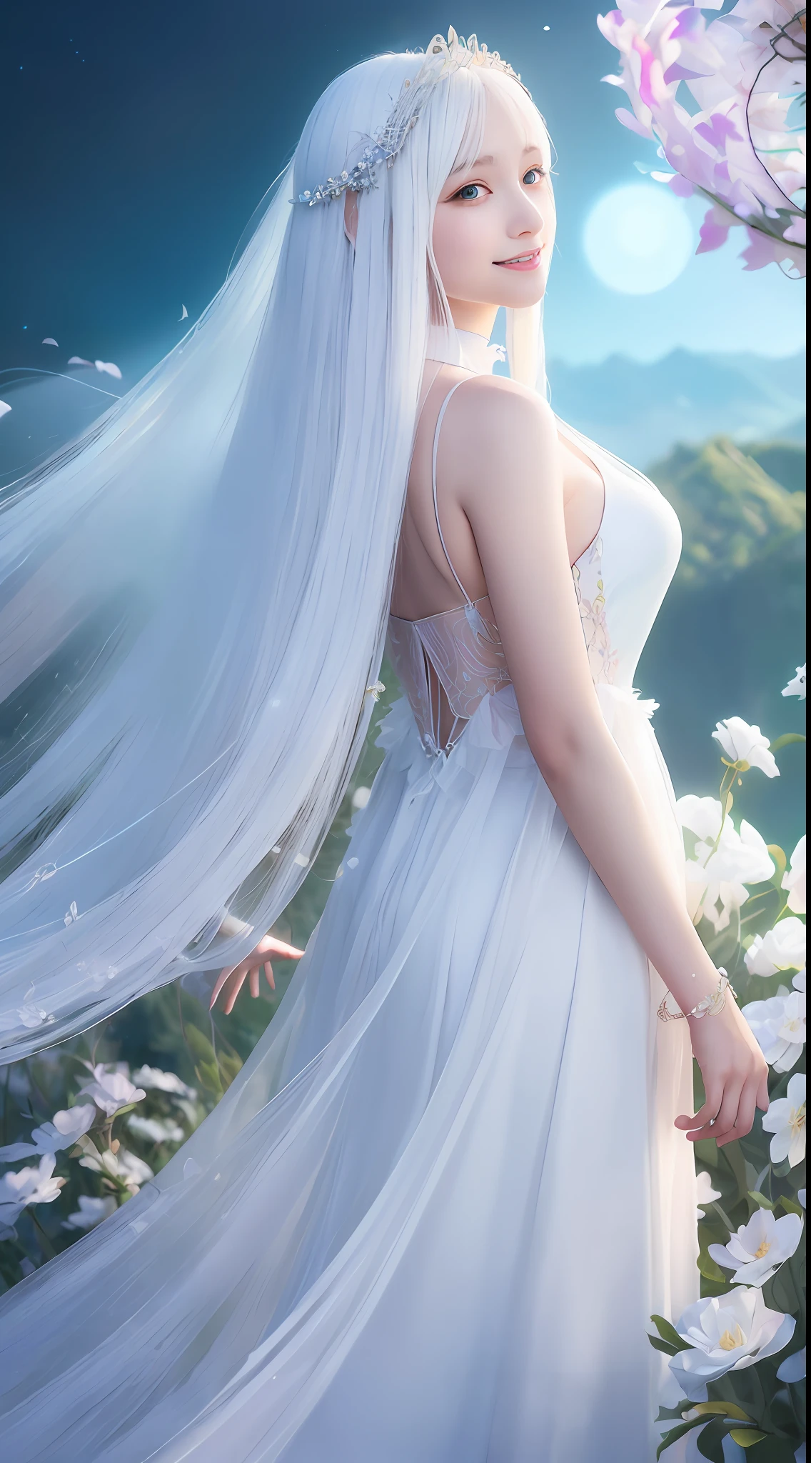 ( smiling fine silk transparent looking backwards)) Girl with long white hair and dress with flowers, digital art inspired by Ai Xuan, trend in CG society, fantasy art, (((beautiful fantasy queen)), ethereal beauty, beautiful fantasy queen, 8k high quality detail art, beautiful fantasy anime, ethereal fantasy, beautiful young wind spirit, guweiz, cgstation trend