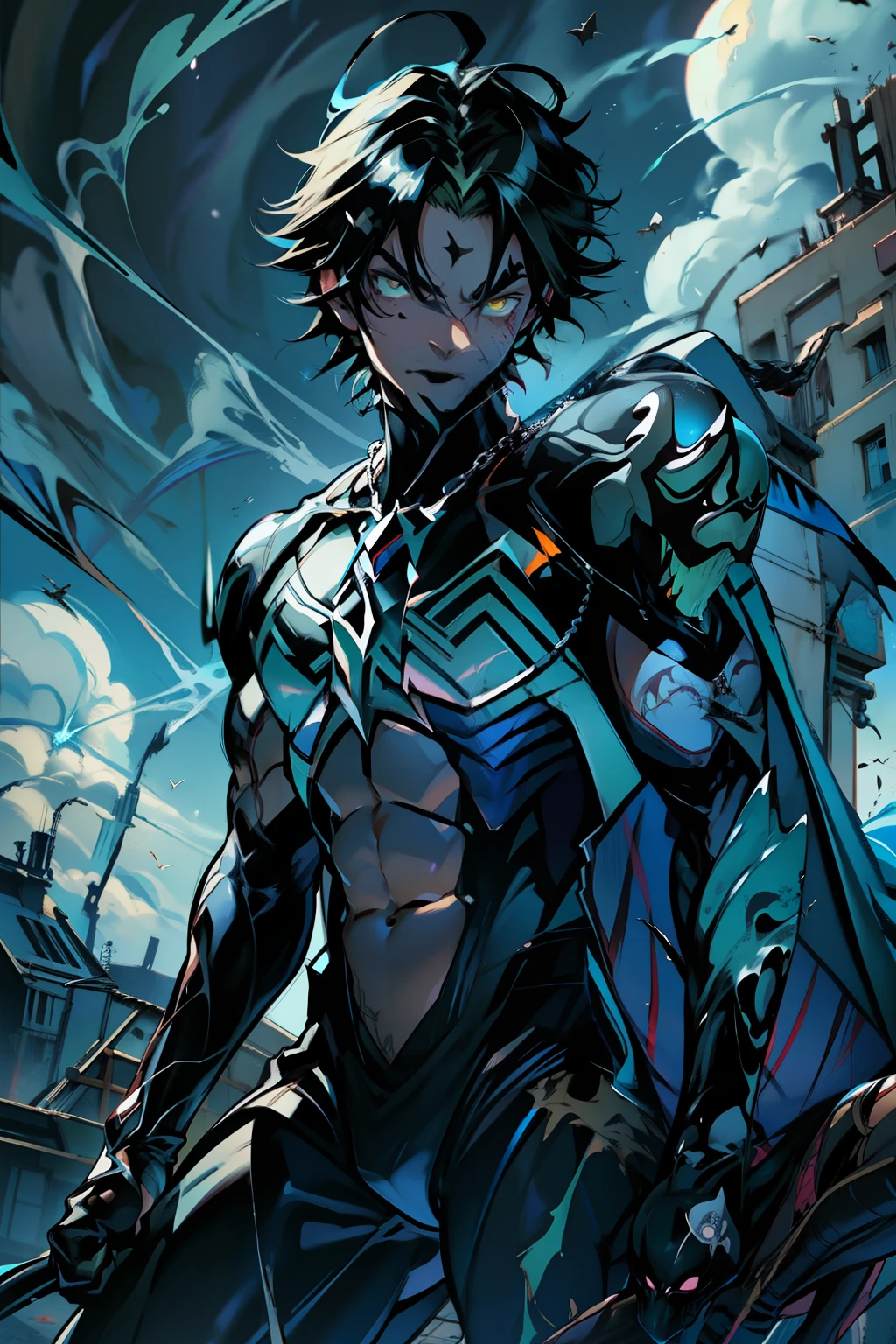 《the original god》Arataki Kazuto , male people, chest muscle, Sexy , Venom symbiote for your body, Black mucus of the body , into venom, venomize,Black bodysuit,(Cloak),Red cape,Abs,(Adult male)((Venom possession,venom symbiote)),over-Tortoise Man,Battle damage,((Masterpiece)), ((Best quality)), Ultra detailed,((illustration)), Dynamic Angle, Detailed light, (Delicate eyes), Floating, 1boy, Male focus, Head, Clothing, Yellow eyes, necklace, tattoo, (Forehead:0.8), (ahoge:0.8), jewelry, brunette color hair,apathy,Ray, chest muscle, Sexy , Venom symbiote for your body, Black mucus of the body , (into venom), Venom,frontage,Bust photo,White tight-fitting top,spiderman outfit,style of anime4 K, 4K anime wallpaper, Badass anime 8 K, 4 k comic wallpaper, young anime man, Anime boys, Anime wallpapers 4 k, Anime wallpaper 4K, High quality anime art style, Anime moe art style, Anime art wallpaper 8 K, Anime art wallpaper 4 K, RGB lighting,