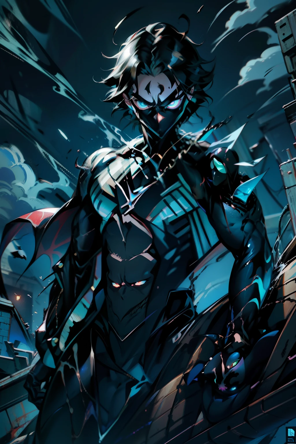 《the original god》Arataki Kazuto , male people, chest muscle, Sexy , Venom symbiote for your body, Black mucus of the body , into venom, venomize,Black bodysuit,(Cloak),Red cape,Abs,(Adult male)((Venom possession,venom symbiote)),over-Tortoise Man,Battle damage,((Masterpiece)), ((Best quality)), Ultra detailed,((illustration)), Dynamic Angle, Detailed light, (Delicate eyes), Floating, 1boy, Male focus, Head, Clothing, Yellow eyes, necklace, tattoo, (Forehead:0.8), (ahoge:0.8), jewelry, brunette color hair,apathy,Ray, chest muscle, Sexy , Venom symbiote for your body, Black mucus of the body , (into venom), Venom,frontage,Bust photo,White tight-fitting top,spiderman outfit,style of anime4 K, 4K anime wallpaper, Badass anime 8 K, 4 k comic wallpaper, young anime man, Anime boys, Anime wallpapers 4 k, Anime wallpaper 4K, High quality anime art style, Anime moe art style, Anime art wallpaper 8 K, Anime art wallpaper 4 K, RGB lighting,