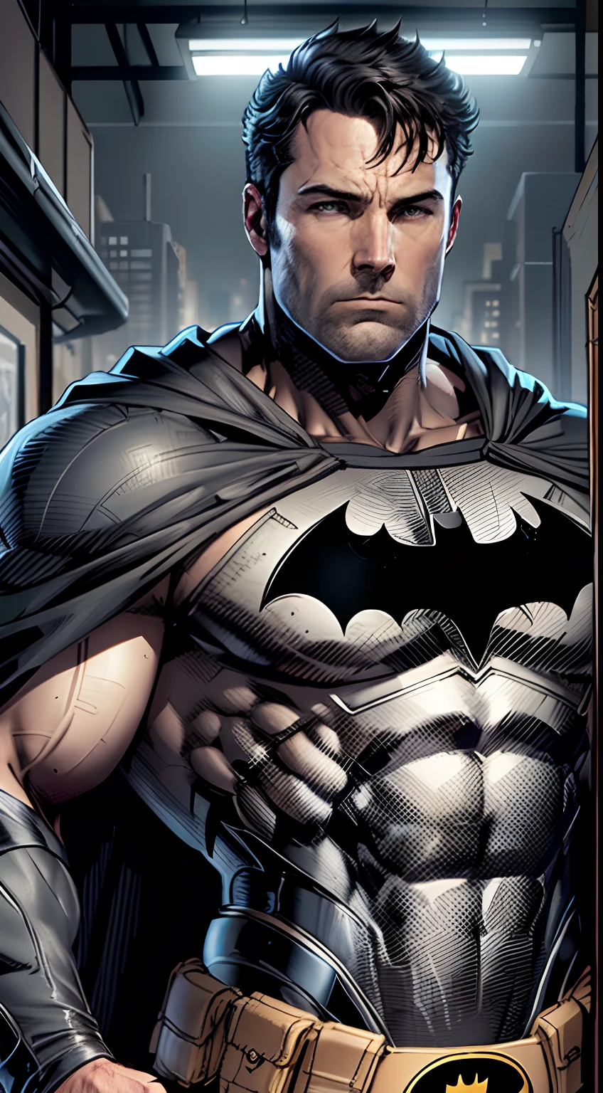 1 man, solo, Ben Affleck as Batman, tall, hunk, muscular, bulk, wide shoulder, photorealism, dark dirty grey suit, dark grey arms, ((no mask)), mask off, black hair, black gloves, best quality, masterpiece, high resolution:1.2, black cape, high detailed mask, high detailed suit, high detailed face, award winning, night time, a dark cave in the background, indoors