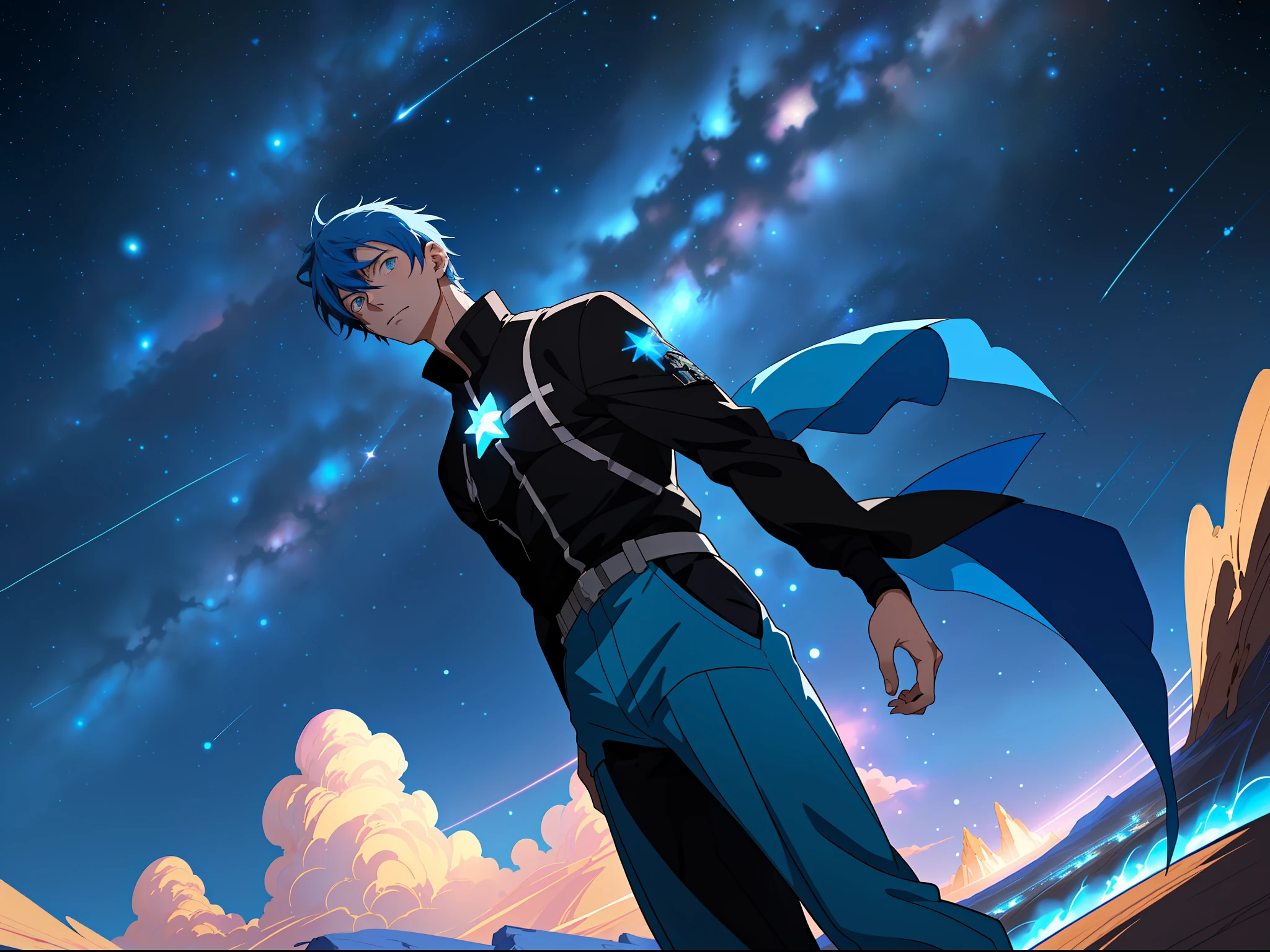 Anime - Blue-haired blue-jacketed man, Starry sky!!, Star(sky) Starry_sky, Desert night, Key anime art, Tall anime man with blue eyes, official anime still, Urano, anime visuals, 8K!, Milky Way Galaxy background, Starry sky, shigenori soejima illustration, 2 d anime style