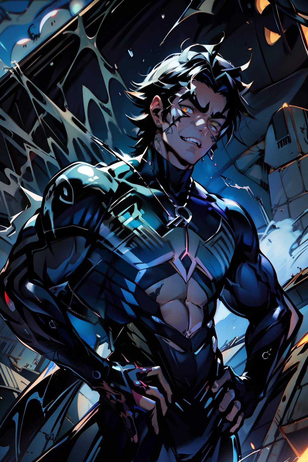 《the original god》Arataki Kazuto , male people, chest muscle, Sexy , Venom symbiote for your body, Black mucus of the body , into venom, venomize,Black bodysuit,(Cloak),Red cape,Abs,(Adult male)((Venom possession,venom symbiote)),over-Tortoise Man,Battle damage,((Masterpiece)), ((Best quality)), Ultra detailed,((illustration)), Dynamic Angle, Detailed light, (Delicate eyes), Floating, 1boy, Male focus, Head, Clothing, Yellow eyes, necklace, tattoo, (Forehead:0.8), (ahoge:0.8), jewelry, brunette color hair,apathy,Ray, chest muscle, Sexy , Venom symbiote for your body, Black mucus of the body , (into venom), Venom,frontage,Bust photo,White tight-fitting top,spiderman outfit,style of anime4 K, 4K anime wallpaper, Badass anime 8 K, 4 k comic wallpaper, young anime man, Anime boys, Anime wallpapers 4 k, Anime wallpaper 4K, High quality anime art style, Anime moe art style, Anime art wallpaper 8 K, Anime art wallpaper 4 K, RGB lighting,