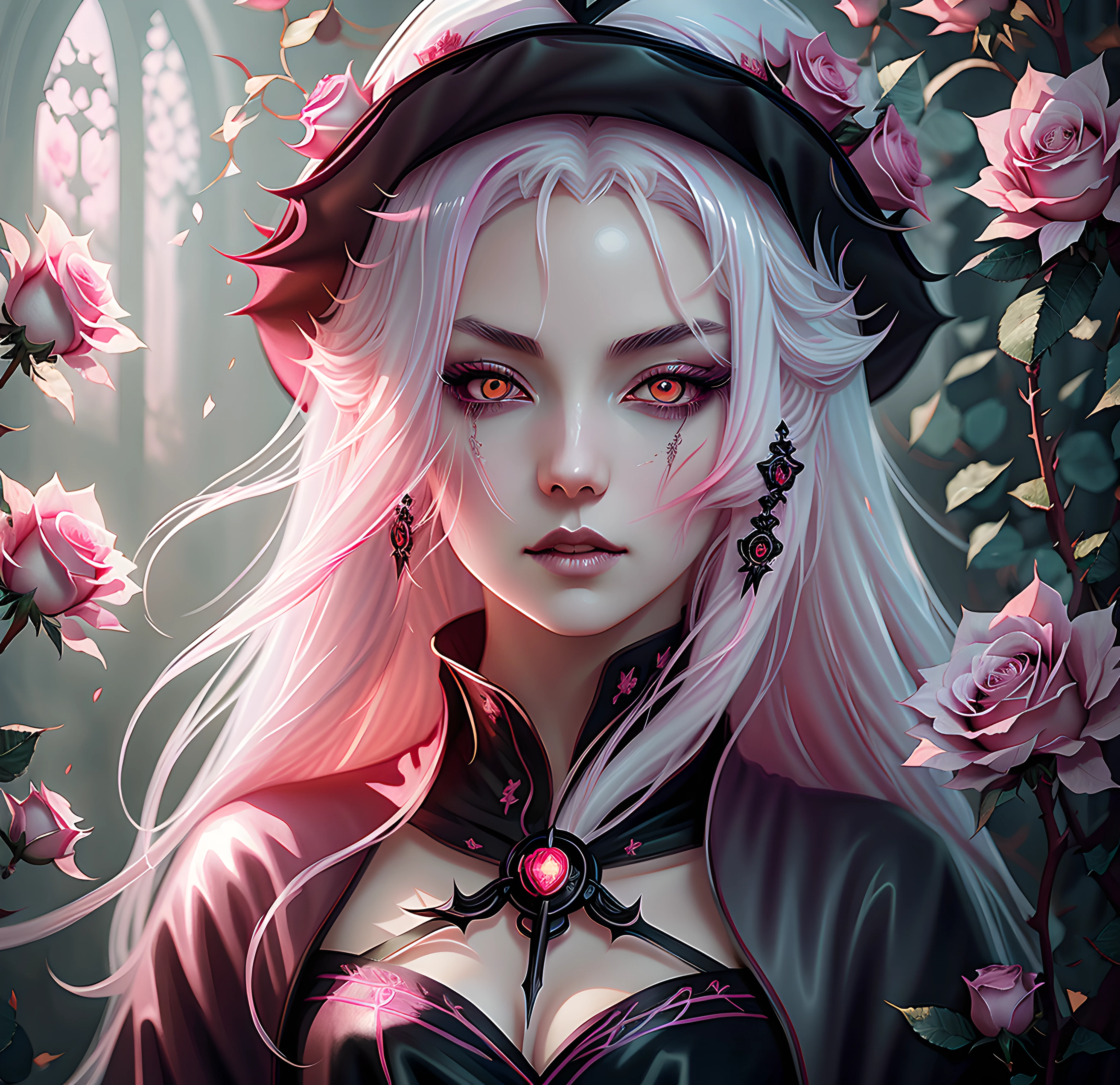 anime Vampire witch girl, long white hair, gothic style, roses in hair,dark black eyelashes ,glowing pink eyes, digital illustration, comic style, gothic renaissance, centered, approaching perfection, dynamic, highly detailed, watercolor painting, artstation, concept art, smooth, sharp focus, illustration, art by wlop and ross tran, pink and red tetradic colors