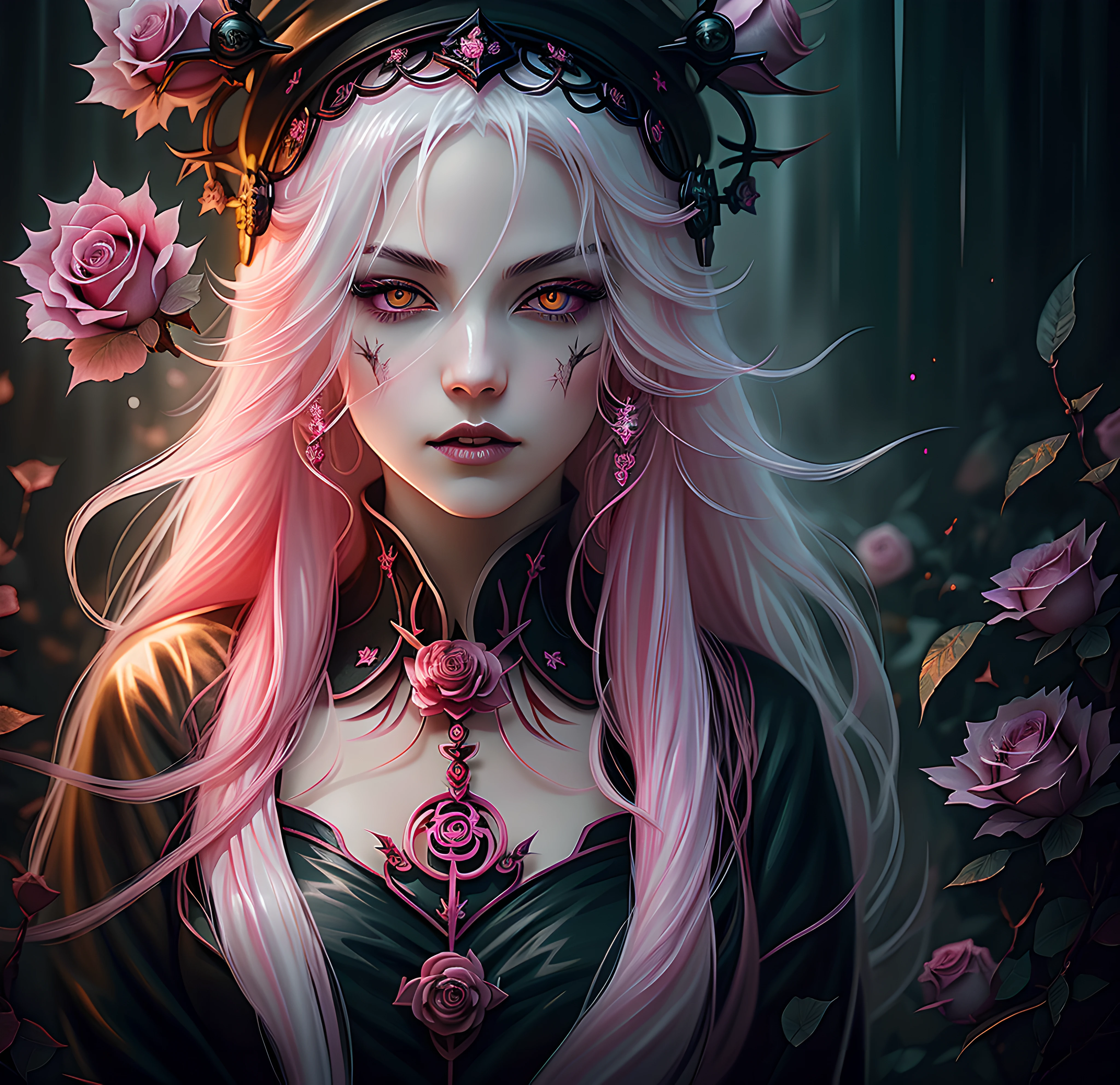 anime Vampire witch girl, long white hair, gothic style, roses in hair,dark black eyelashes ,glowing pink eyes, digital illustration, comic style, gothic renaissance, centered, approaching perfection, dynamic, highly detailed, watercolor painting, artstation, concept art, smooth, sharp focus, illustration, art by wlop and ross tran, pink and red tetradic colors