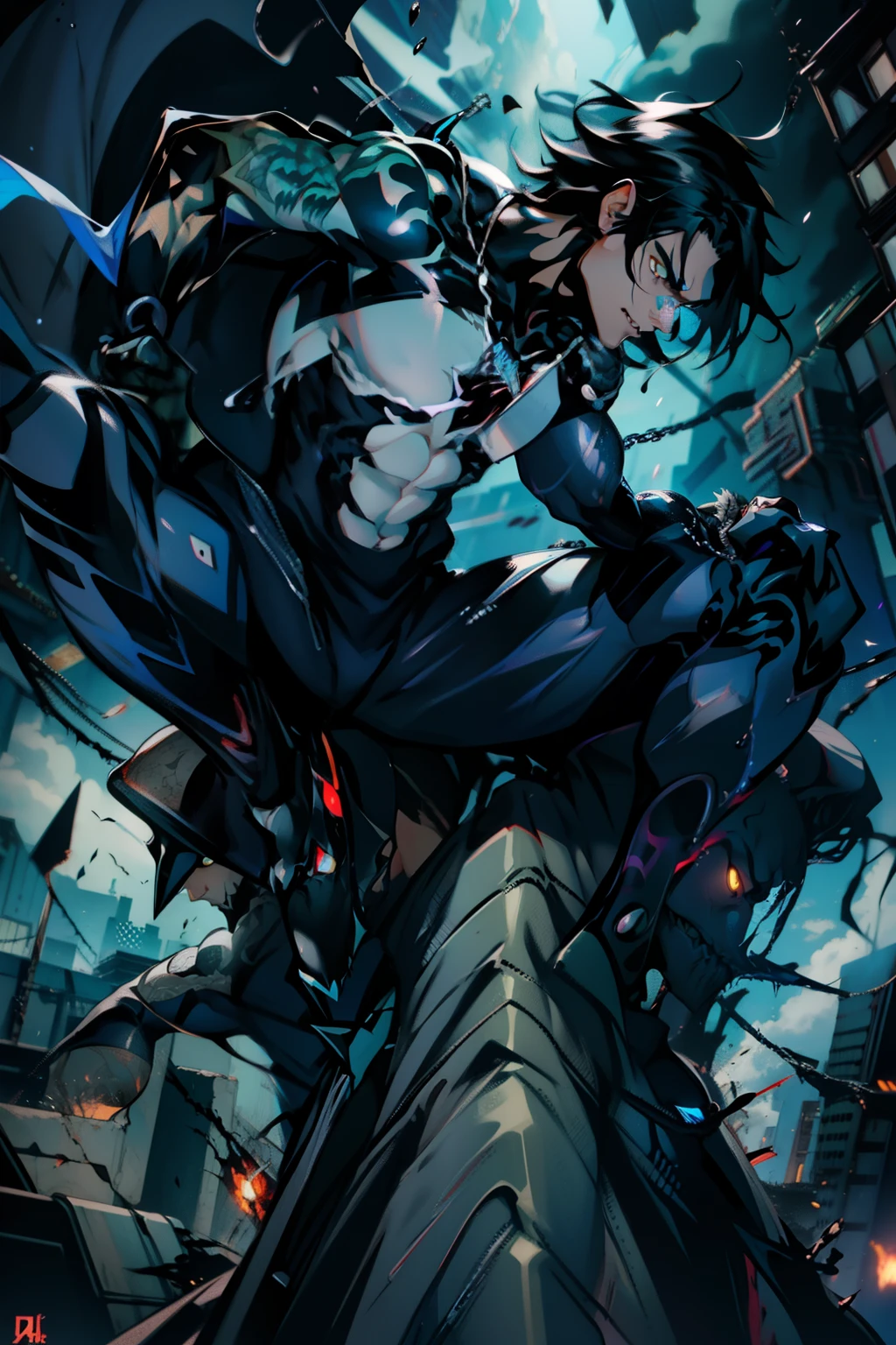 《the original god》Arataki Kazuto , male people, chest muscle, y , Venom symbiote for your body, Black mucus of the body , into venom, venomize,Black bodysuit,(Cloak),Red cape,Abs,(Adult male)((Venom possession,venom symbiote)),over-Tortoise Man,Battle damage,((Masterpiece)), ((Best quality)), Ultra detailed,((illustration)), Dynamic Angle, Detailed light, (Delicate eyes), Floating, 1boy, Male focus, Head, Clothing, Yellow eyes, necklace, tattoo, (Forehead:0.8), (ahoge:0.8), jewelry, brunette color hair,apathy,Ray, chest muscle, Sex Venom symbiote for your body, Black mucus of the body , (into venom), Venom,frontage,Bust photo,White tight-fitting top,spiderman outfit,style of anime4 K, 4K anime wallpaper, Badass anime 8 K, 4 k comic wallpaper, young anime man, Anime boys, Anime wallpapers 4 k, Anime wallpaper 4K, High quality anime art style, Anime moe art style, Anime art wallpaper 8 K, Anime art wallpaper 4 K, RGB lighting,