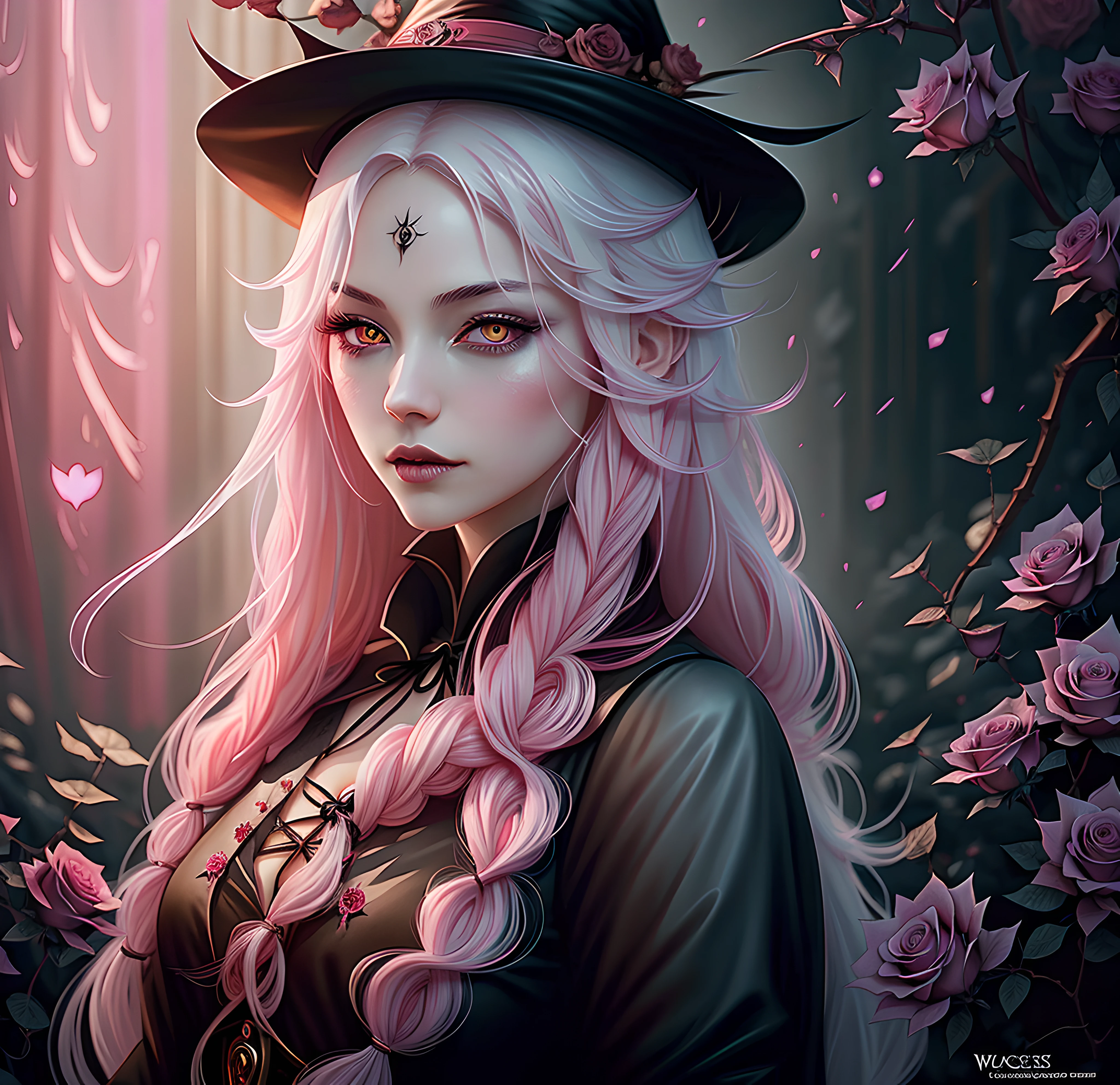 anime Vampire witch girl, long white hair, gothic style, roses in hair,dark black eyelashes ,glowing pink eyes, digital illustration, comic style, gothic renaissance, centered, approaching perfection, dynamic, highly detailed, watercolor painting, artstation, concept art, smooth, sharp focus, illustration, art by wlop and ross tran, pink and red tetradic colors