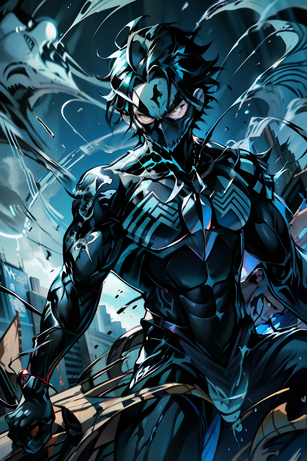 《the original god》Arataki Kazuto , male people, chest muscle, Sexy , Venom symbiote for your body, Black mucus of the body , into venom, venomize,Black bodysuit,(Cloak),Red cape,Abs,(Adult male)((Venom possession,venom symbiote)),over-Tortoise Man,Battle damage,((Masterpiece)), ((Best quality)), Ultra detailed,((illustration)), Dynamic Angle, Detailed light, (Delicate eyes), Floating, 1boy, Male focus, Head, Clothing, Yellow eyes, necklace, tattoo, (Forehead:0.8), (ahoge:0.8), jewelry, brunette color hair,apathy,Ray, chest muscle, Sexy , Venom symbiote for your body, Black mucus of the body , (into venom), Venom,frontage,Bust photo,White tight-fitting top,spiderman outfit,style of anime4 K, 4K anime wallpaper, Badass anime 8 K, 4 k comic wallpaper, young anime man, Anime boys, Anime wallpapers 4 k, Anime wallpaper 4K, High quality anime art style, Anime moe art style, Anime art wallpaper 8 K, Anime art wallpaper 4 K, RGB lighting,