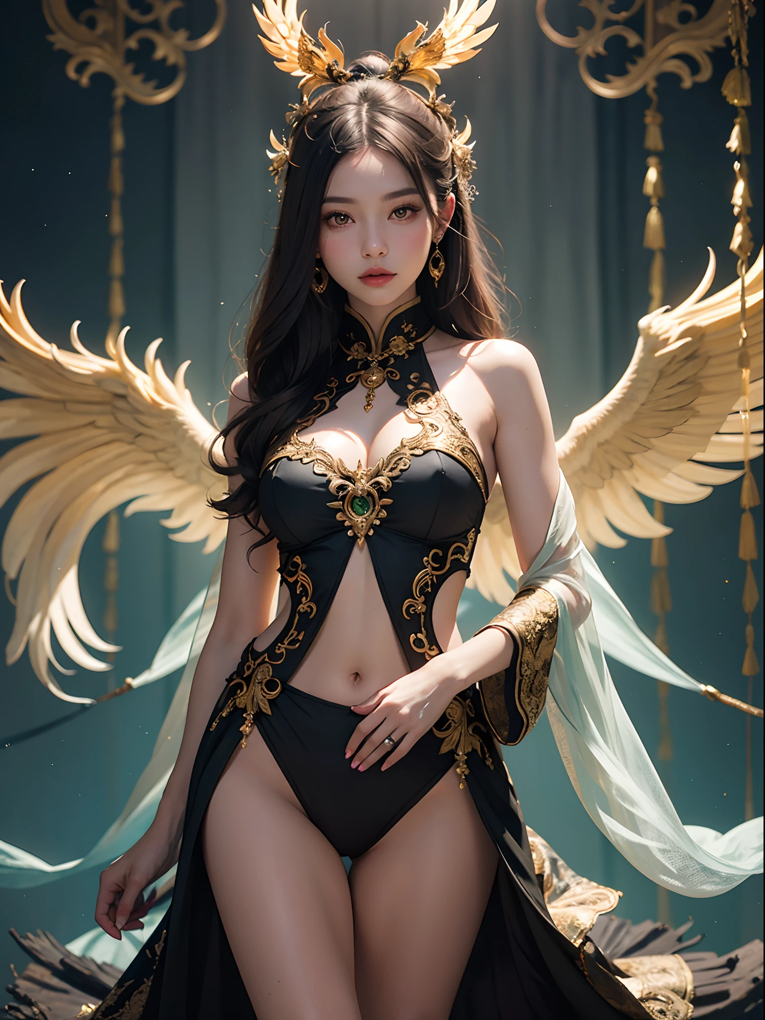 Unbeatable masterpiece, Ultra photo realsisim, Perfect artwork, Intricate details, Best quality, Strong light,full body shot of , 1girll , Become a Chinese phoenix , Metamorphosis , The moment of transformation towards perfection ,Emeralds and gold , Super detail , Bokeh photography , (soft focus):1.2 , Out-of-focus highlights ,Fantastical Atmosphere , The fascinating depth of the glowing circle