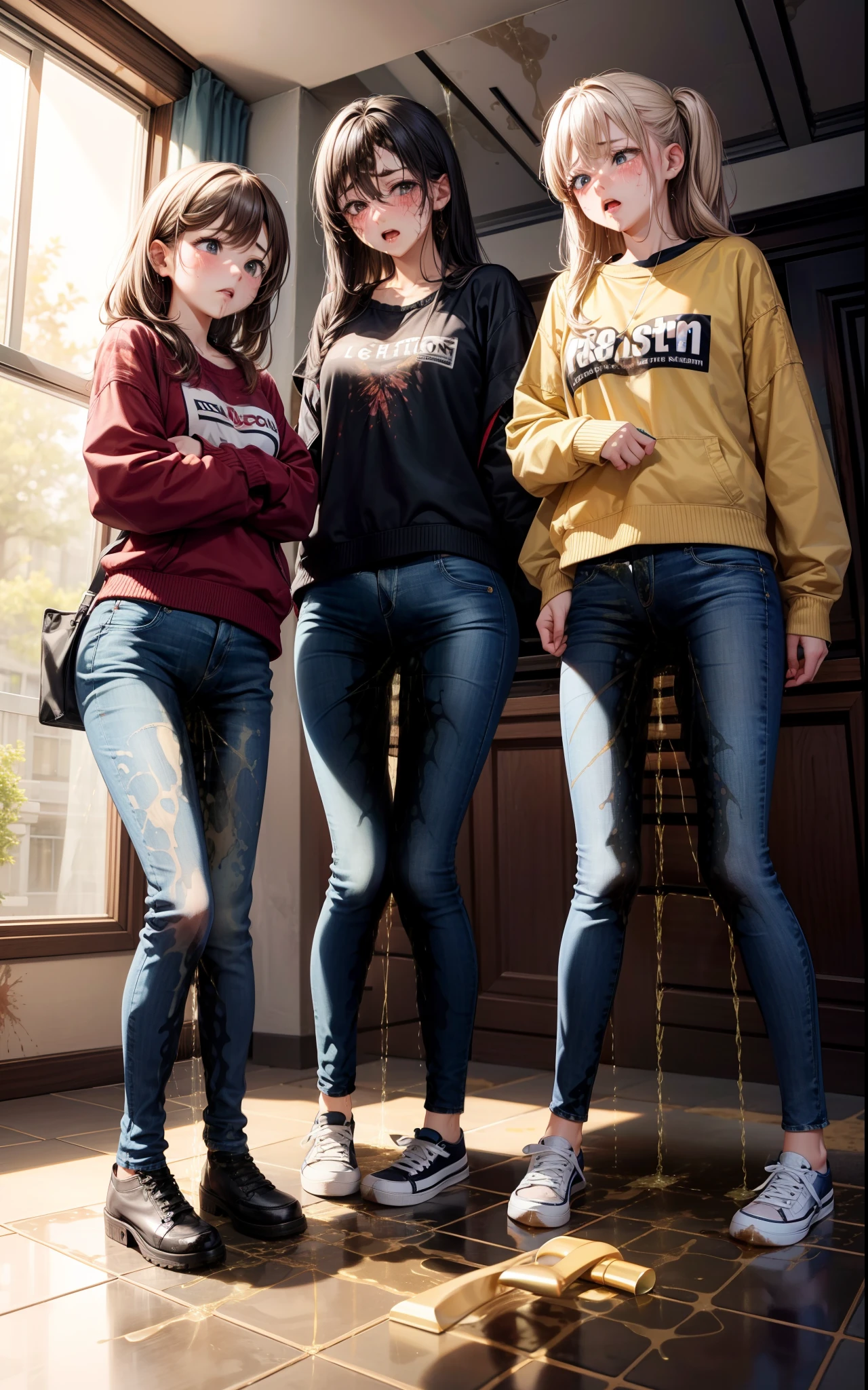 masterpiece, best quality, high resolution, (3girls), 20 years old, (blue jeans pants), full body, blush, worried, park, (((((((pee stain)))))))