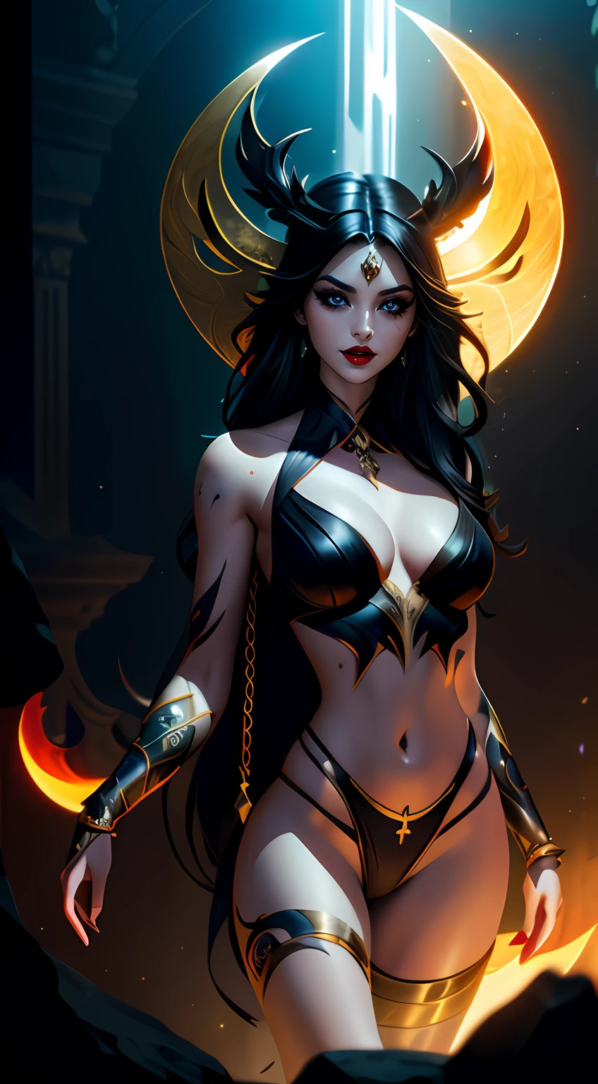 Model: long wavy black hair, full dark lips,Curvy Body, big thighs, big breastes, black shiny body, Smoky eyes, BREAK, Setting: Room with black color, Broken glass,multicolored neon crystals, BREAK, bodypaint: Polychromatic geometric patterns, Torso cover, Arms and legs, BREAK, Accessories: Chrome-plated chains with torn body, Silver Choker, black feathered white black wings, Naked, Topless, naked body,BREAK, the pose: on a bed, looking forward, truth, Magic, Magic, wolf ears, Wolf, up close, northern lights, spectrum. apaixonado, Dark Elves. 🧘🏻‍♀️👁️⛩️soror 🌬️mystica 🩸✨occult dmt🪬dream 👁️goddess of Love🥀🔑🚪moon, ..............key, starry, secret, Heart, 100mm wide-angle lens1 beautiful devil woman from hell, around dark: 1.6), photo realism, dinamic lighting, Artstation, Poster, voluminous lighting, Very Detailed Faces, 8k ultra, Awarded, around dark, deep shadow, Discreet key, cowboy lens, hairlong, black  hair, bust, luxury palace,  Royal style, devil's crown, Eye makeup is very clear and detailed, The most beautiful face, The breasts are very large, round & round, super realistic, Adorable smile, The eyes are very well made up, guweiz, devil style, Tail with bow, tied at the back of the head,  Red-black lips, Skull tattoo on the shoulder, She is undressed, Topless, Naked, teats, Halo of milky deleuze, the landscape is overcast and thunderous, (portraite of a), Close-up of main character, (Background details 1.8),