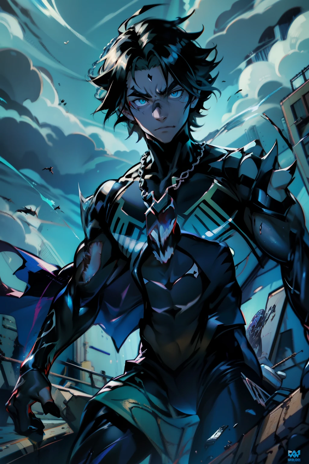 《the original god》Arataki Kazuto , male people, chest muscle, Sexy , Venom symbiote for your body, Black mucus of the body , into venom, venomize,Black bodysuit,(Cloak),Red cape,Abs,(Adult male)((Venom possession,venom symbiote)),over-Tortoise Man,Battle damage,((Masterpiece)), ((Best quality)), Ultra detailed,((illustration)), Dynamic Angle, Detailed light, (Delicate eyes), Floating, 1boy, Male focus, Head, Clothing, Yellow eyes, necklace, tattoo, (Forehead:0.8), (ahoge:0.8), jewelry, brunette color hair,apathy,Ray, chest muscle, Sexy , Venom symbiote for your body, Black mucus of the body , (into venom), Venom,frontage,Bust photo,White tight-fitting top,spiderman outfit,style of anime4 K, 4K anime wallpaper, Badass anime 8 K, 4 k comic wallpaper, young anime man, Anime boys, Anime wallpapers 4 k, Anime wallpaper 4K, High quality anime art style, Anime moe art style, Anime art wallpaper 8 K, Anime art wallpaper 4 K, RGB lighting,
