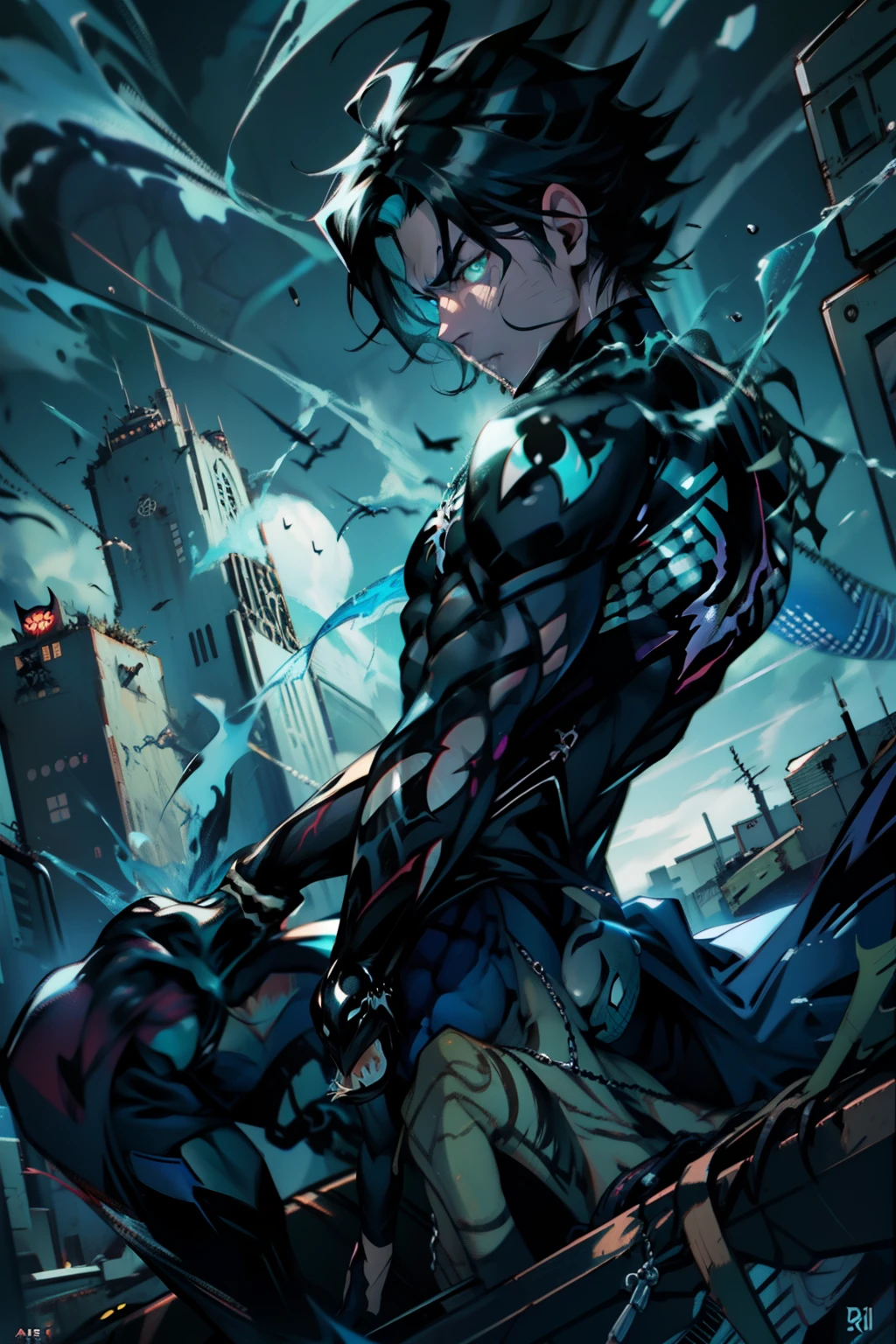 《the original god》Arataki Kazuto , male people, chest muscle, Sexy , Venom symbiote for your body, Black mucus of the body , into venom, venomize,Black bodysuit,(Cloak),Red cape,Abs,(Adult male)((Venom possession,venom symbiote)),over-Tortoise Man,Battle damage,((Masterpiece)), ((Best quality)), Ultra detailed,((illustration)), Dynamic Angle, Detailed light, (Delicate eyes), Floating, 1boy, Male focus, Head, Clothing, Yellow eyes, necklace, tattoo, (Forehead:0.8), (ahoge:0.8), jewelry, brunette color hair,apathy,Ray, chest muscle, Sexy , Venom symbiote for your body, Black mucus of the body , (into venom), Venom,frontage,Bust photo,White tight-fitting top,spiderman outfit,style of anime4 K, 4K anime wallpaper, Badass anime 8 K, 4 k comic wallpaper, young anime man, Anime boys, Anime wallpapers 4 k, Anime wallpaper 4K, High quality anime art style, Anime moe art style, Anime art wallpaper 8 K, Anime art wallpaper 4 K, RGB lighting,