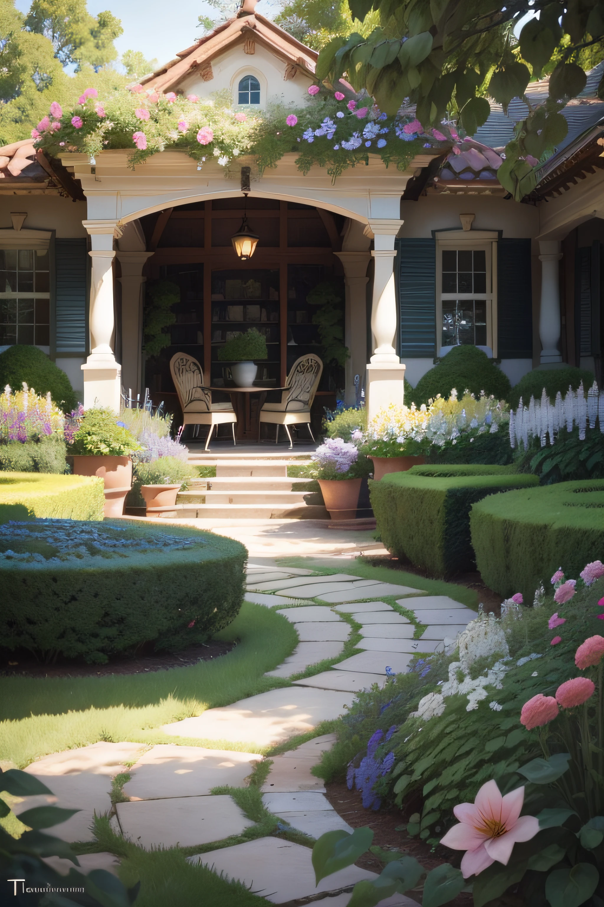 Lots of plants in the garden,There is a fountain in the middle, garden environment, garden with flowers, With French garden, in a cottagecore flower garden,Lush chic garden,cute style garden, Lush outdoor flowers, Lush garden setting,A corner of an English villa,There is a big garden in front,tufted softly, indigo blooming flowers garden, Vibrant vegetation,Rattan chair,eventide,Ultra photo realsisim,tmasterpiece,upscales,high detal,Sharp focus,smoothness,aestheticly pleasing,The is very detailed, photorealestic, Post-processing, max detail, reallife, hyper realisitc, Sharp focus, professinal, Vintage images, opulent, Complicated details, highly detailed,Don't have characters