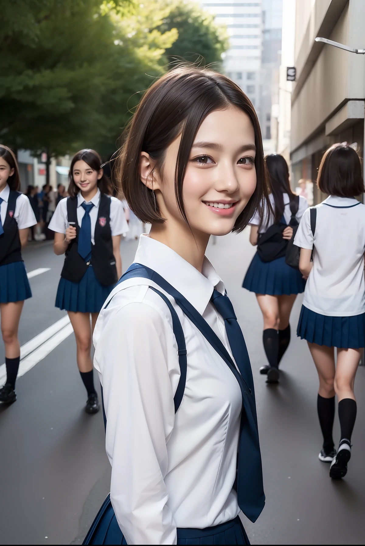 (((full bodyesbian)))、(((Girls' High School Uniforms)))、18year old、Posing、a beauty girl、Beautiful breasts、japanese beauty girl、Beautiful butt、((short-hair))、Perfect style、beauty legs、kawaii、((a miniskirt))、(((1人)))、((In the street))、Transcendent cute、A slight smil、full bodyesbian、((Outstanding style))、((Healthy body))、Short-cut hairstyles 、Japanese high school girl、Photorealsitic、Beautiful detailed eyes、Hyper-Realism、highcontrast、Ultra HD、realistic skin textures、Top image quality、top-quality、超A high resolution、Fine details、Very meticulously