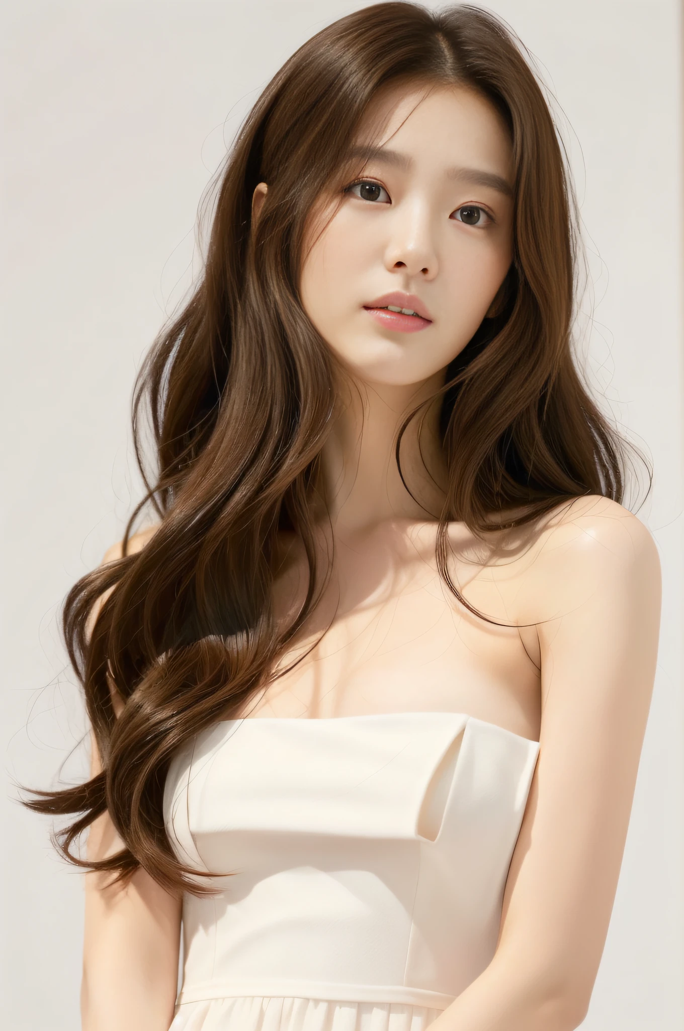 Korean Actress, Women's singles, Long hair light brown color....., Gentle details, White dress, Deep contrast, Minimalist style, Display as the best basic style...., gorgeous face,(Open shoulders),sexy pink dress