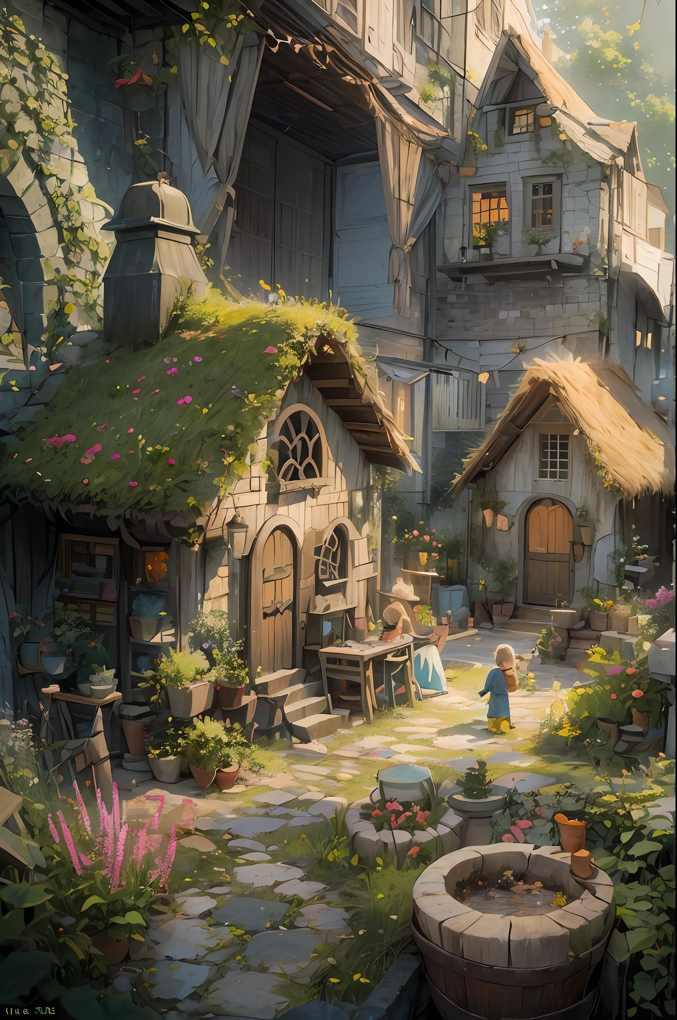 Background////A small Hobbit village. They live in houses that blend in with the soil and vegetation. Character //(Hobbit children play and adults are busy preparing dinner:1.8),effect///Fluffy pastel colors.fine brushes,(XF 35mm F1.4 R,F1.4,maximum aperture (e.g. in photography),become blunt:1.5) Rough, detailed watercolour, soft and fantastic, pastel, Fluffy, (extremely fine and beautiful), (perfect detail)、(pastel color),Soft texture:1.2.(masutepiece, Best Quality), (finely detailed beautiful eye), (finely detailed eyes and detailed face),The tones are also visibly luminous.Pale blurred contours,Unobtrusive lighting, moody atmosphere,subtle highlights