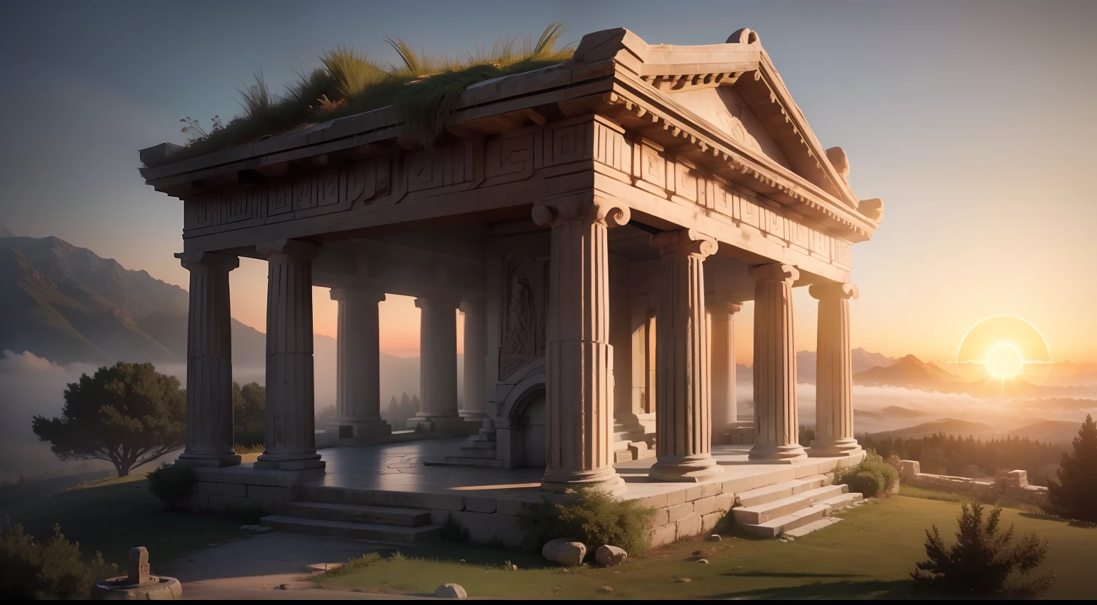medieval greek garden temple on top of a montain, cinematographic, 8k, ultra realistic, fog, sunset horizon, sun light, very detailed
