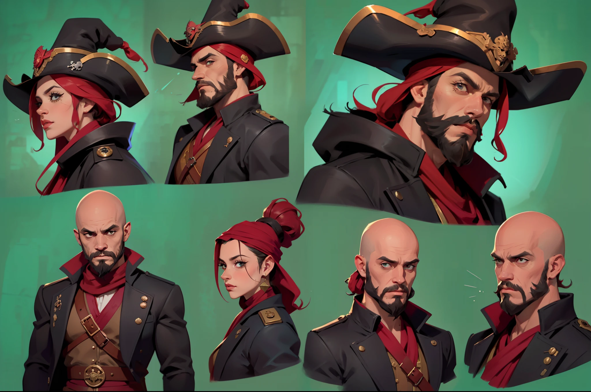 of a guy，a pirate，Beard，bald-headed，Pirate hat，robe，Hands with iron hooks，Muskets，Fierce expression，solo person，full bodyesbian，without background，gaming character，Game concept design，(extremly intricate:1.2),((three sided view,full bodyesbian,Simple background,multiple views,A high resolution))，（CharacterDesignSheet,Same role,frontage,Lateral face,on  back)，Different perspectives of the same character wearing the same outfit，（simplebackground，white backgrounid：1.3），