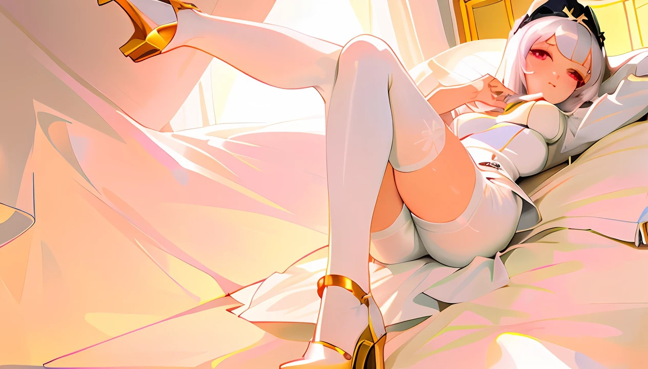 there is a woman in a white outfit laying on a bed, anime barbie in white stockings, art-style : Ilya Kuvshinov, Shiny white skin, Ilya Kuvshinov. 4 k'', High heels. anime style at pixiv, trending on cgstation, White stockings, detailed shot legs-up, anime big breast. Soft lighting, wearing white clothes