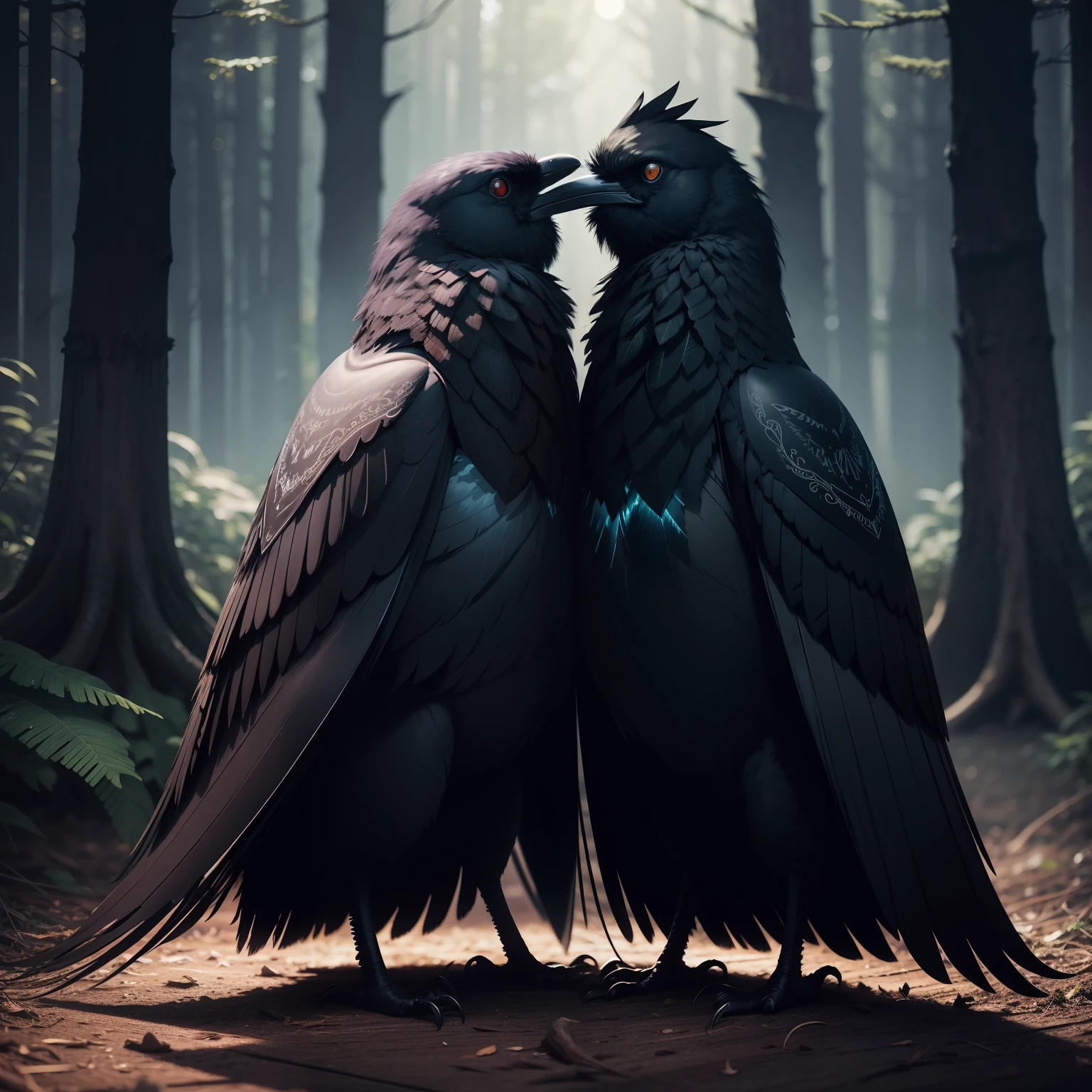 photorealestic，black in color，the night，ln the forest，On wood，cawing ravens