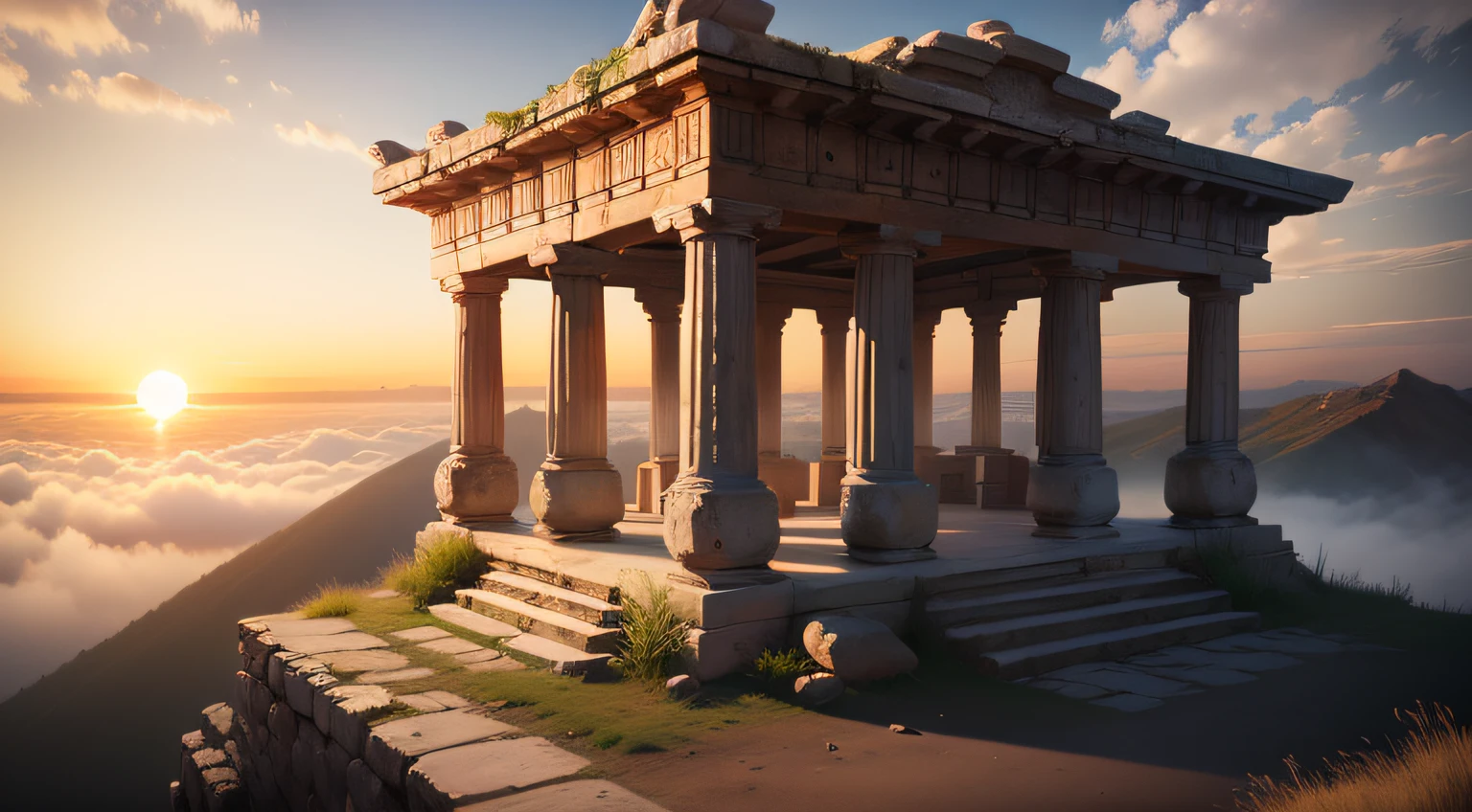 medieval greek garden temple on top of a montain, cinematographic, 8k, ultra realistic, fog, sunset horizon, sun light, very detailed