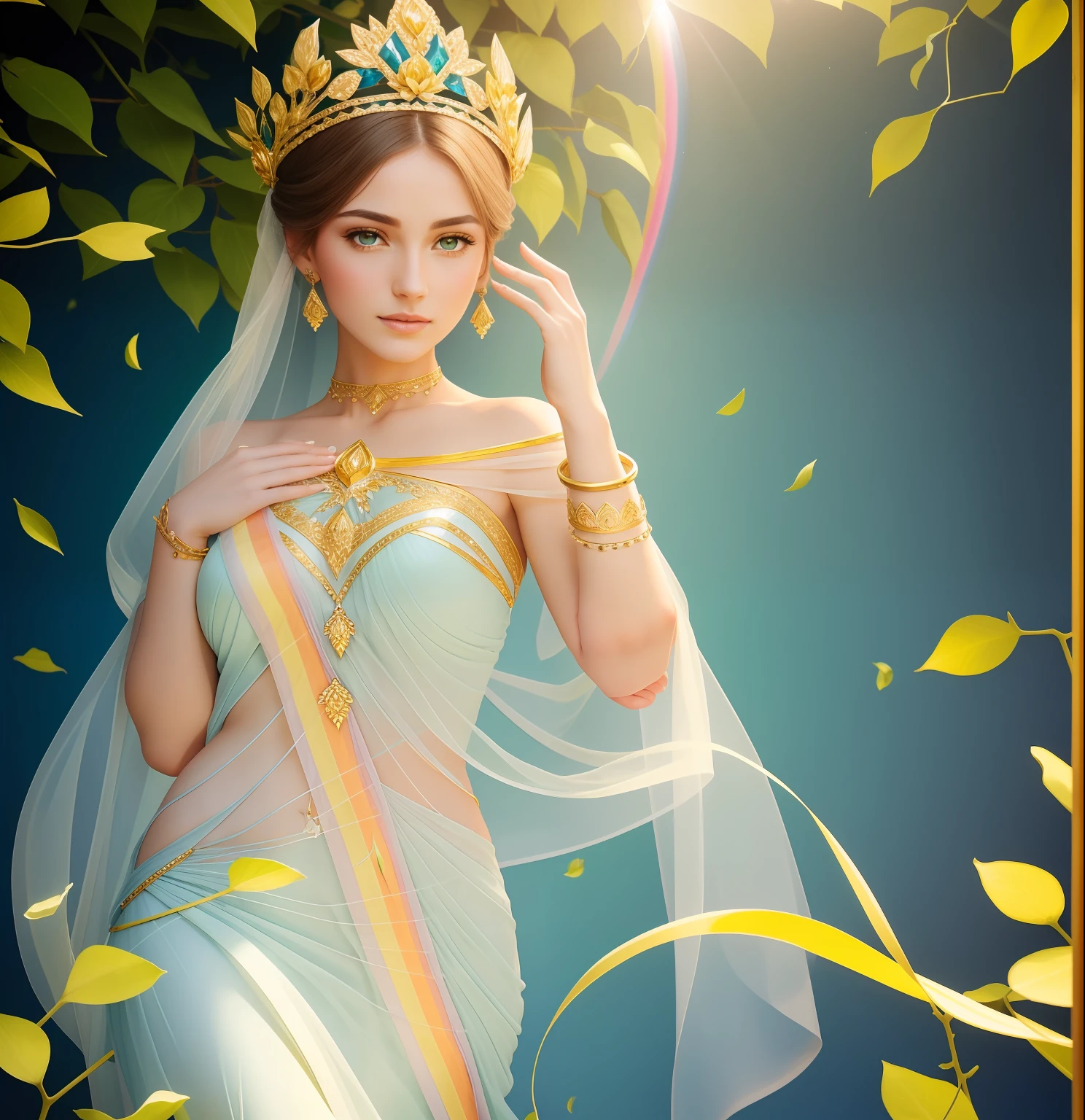 In the void, Beautiful virgins leisurely standing on green leaves dancing，The body is entangled with flowers and green leaves，A lotus flower squeezed in his hand，The head is tilted slightly to the right，white streamer，Delicate and radiant skin，Barefoot，（Long curved eyebrows），Beautiful eyes sparkle，The large, Jewel-like eyes sparkle，Clear pupils have reflected light，二重まぶた，Lying silkworm，looks into camera，（（Plump and rosy lips）） Clearly visible，（（Flushed cheeks）），The mandible is plump，Green skin is delicate and smooth，Delicate skin translucent，The streamers on the body are wrapped around the leaves，jewel embellishment，A delicate and dexterous crown，inlaid gemstones，Delicate and skillfully set gemstones，（Yellow dress），Perfectly designed jewelry is exquisite，Beautiful eyes looking directly at the camera，(((nice hand)))，（（（（Good feet））），（（（good legs））），realisticlying，white skinned，（（Correct body structure）），Golden costume，Blue sky，Head background with round light，Behind him is a colorful rainbow circle，Color glow is turned on，Front lighting，Positive light，No shadows on the face，There are no shadows on the body，Blue sky，Unreal space，ethereal world，dreamworld，with blue sky and white clouds，tmasterpiece，4K，ultra-definition，professional photoshooting，Perspective looks up，Standard lens shooting，