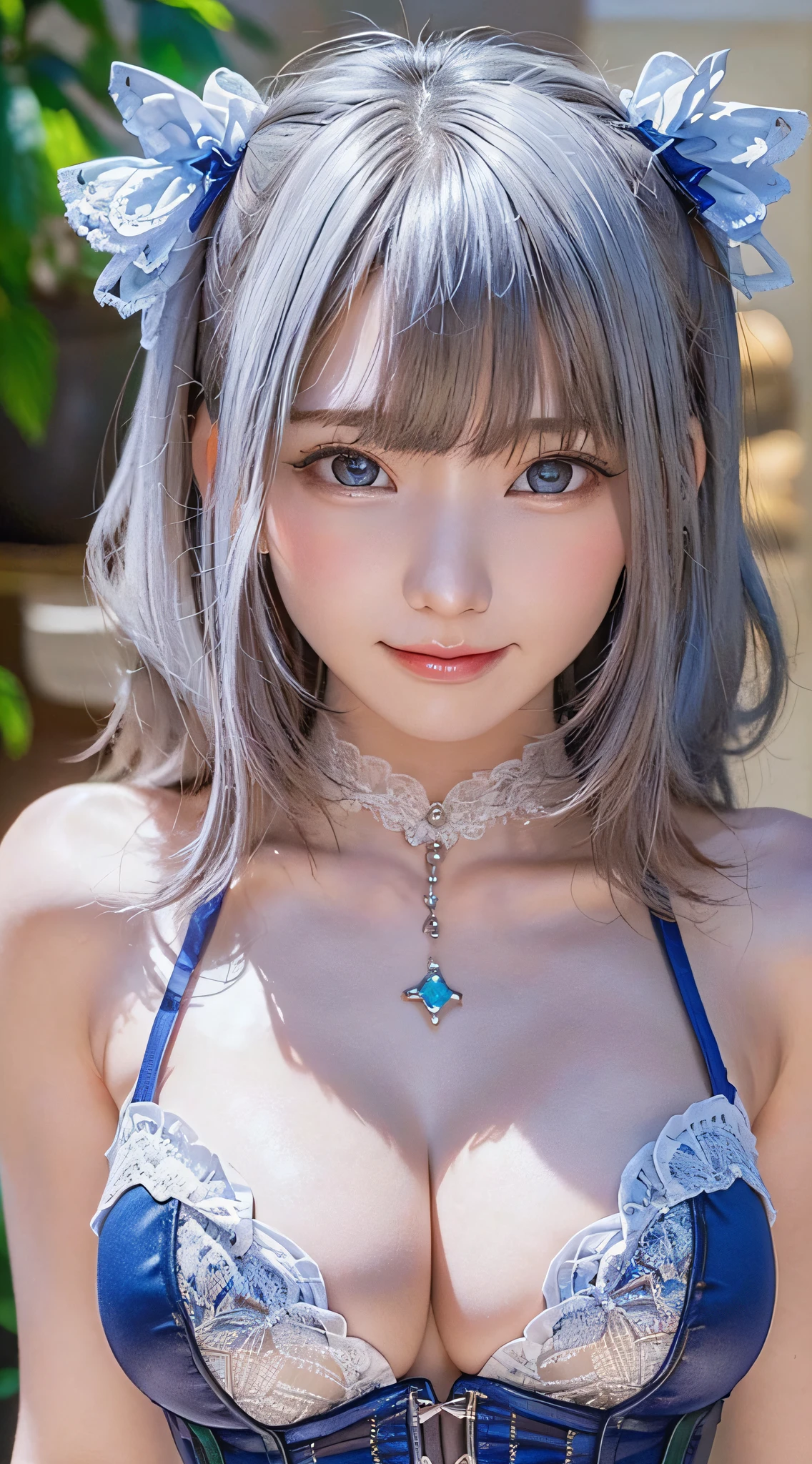 (Thin eyebrows)、(((((Closed mouth)))))、((Very strong sunlight))、((((Beautiful silver hair))))、((small head))、(Beautiful silver hair with short wavy:1.2)、FULL BODYSHOT、(((8K, Raw photography)))、 (((The face is Enako of a cosplayer)))、(extremely delicate and beautiful)、(​masterpiece)、(top-quality:1.0)、(超A high resolution:1.0)、realistic shadow、[hight resolution]、 Detailed skin、ultra-detailliert、(Beautiful hair)、Photorealsitic、Lifelike face、big breasts thin waist、realisticeyes、Small eyes、is looking at the camera、(((between breasts)))、(eye liner)、(mascara)、 Lips with pink lips、((Very happy smile))、Show shoulders、Complex patterns and transparent materials、Artistic depiction of seductive women, Emphasizes her charming silhouette。The scene is、Basking in the hot sun、It makes you feel the delicate beauty and charm of nature。(((intricate detailes))、gargantilha、NSFW, (((Enameled ultramarine and silver corset)))、(beaming)