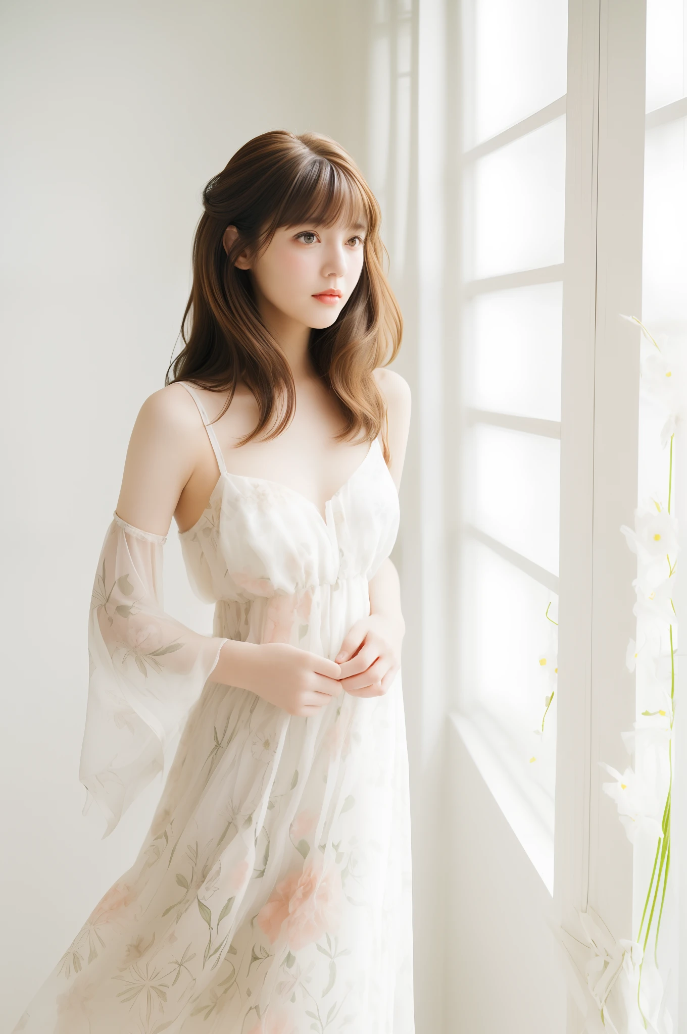 there is a woman standing in a room with a dress on, flowy, Summer, florals, frock, Very cute, white!!, Floral Dresses, Vintage atmosphere, Full length view, A flowing dress, dreamy style, airy, romantic dress, wearing a flowing sundress, , Vintage Glow,feminine makeup, ((Feminine straight long hair, Brown hair color, oblique bangs: 1.5))
