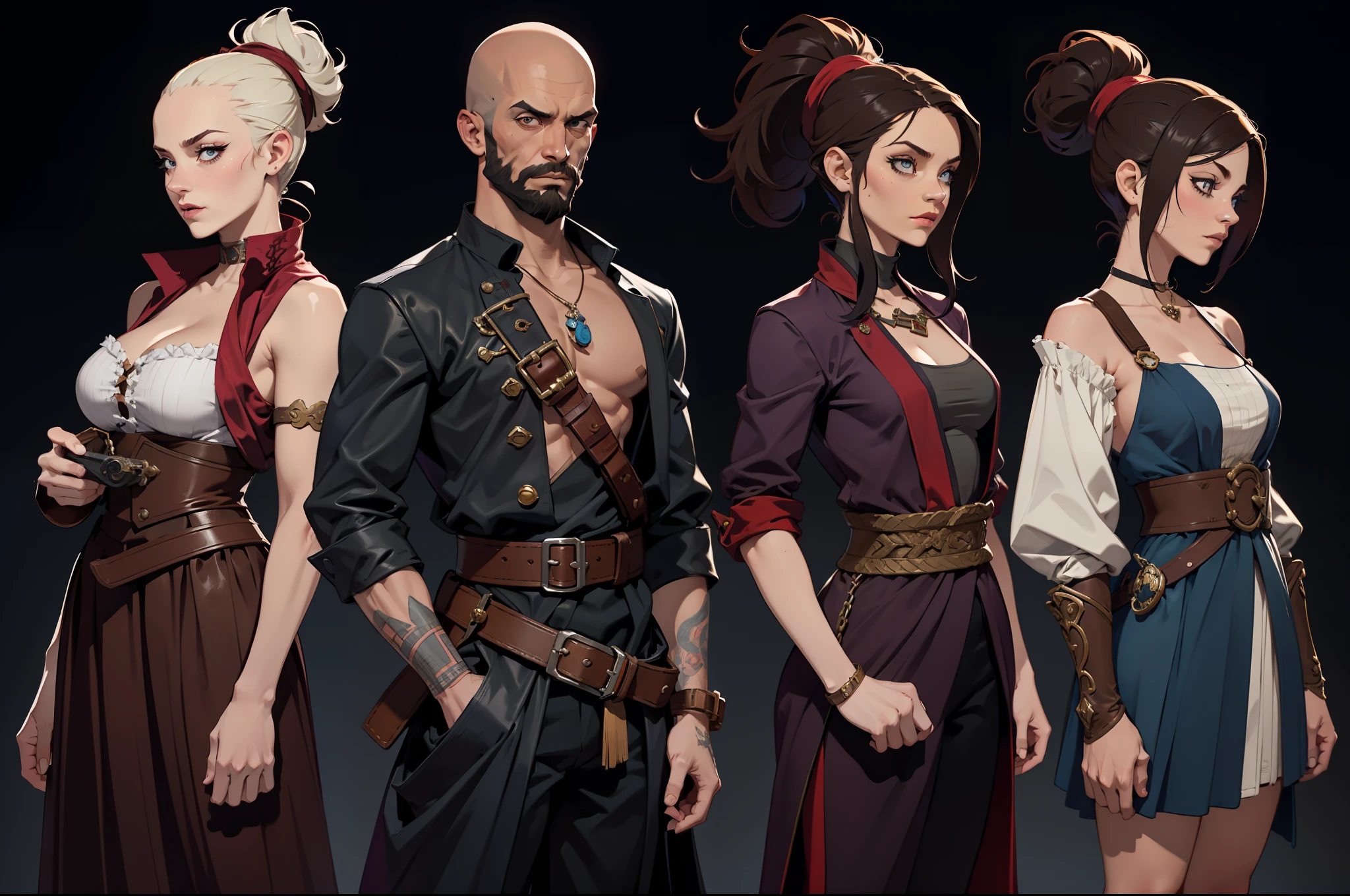 of a guy，a pirate，Beard，bald-headed，Pirate hat，robe，Hands with iron hooks，Muskets，Fierce expression，solo person，full bodyesbian，without background，gaming character，Game concept design，(extremly intricate:1.2),((three sided view,full bodyesbian,Simple background,multiple views,A high resolution))，（CharacterDesignSheet,Same role,frontage,Lateral face,on  back)，Different perspectives of the same character wearing the same outfit，（simplebackground，white backgrounid：1.3），