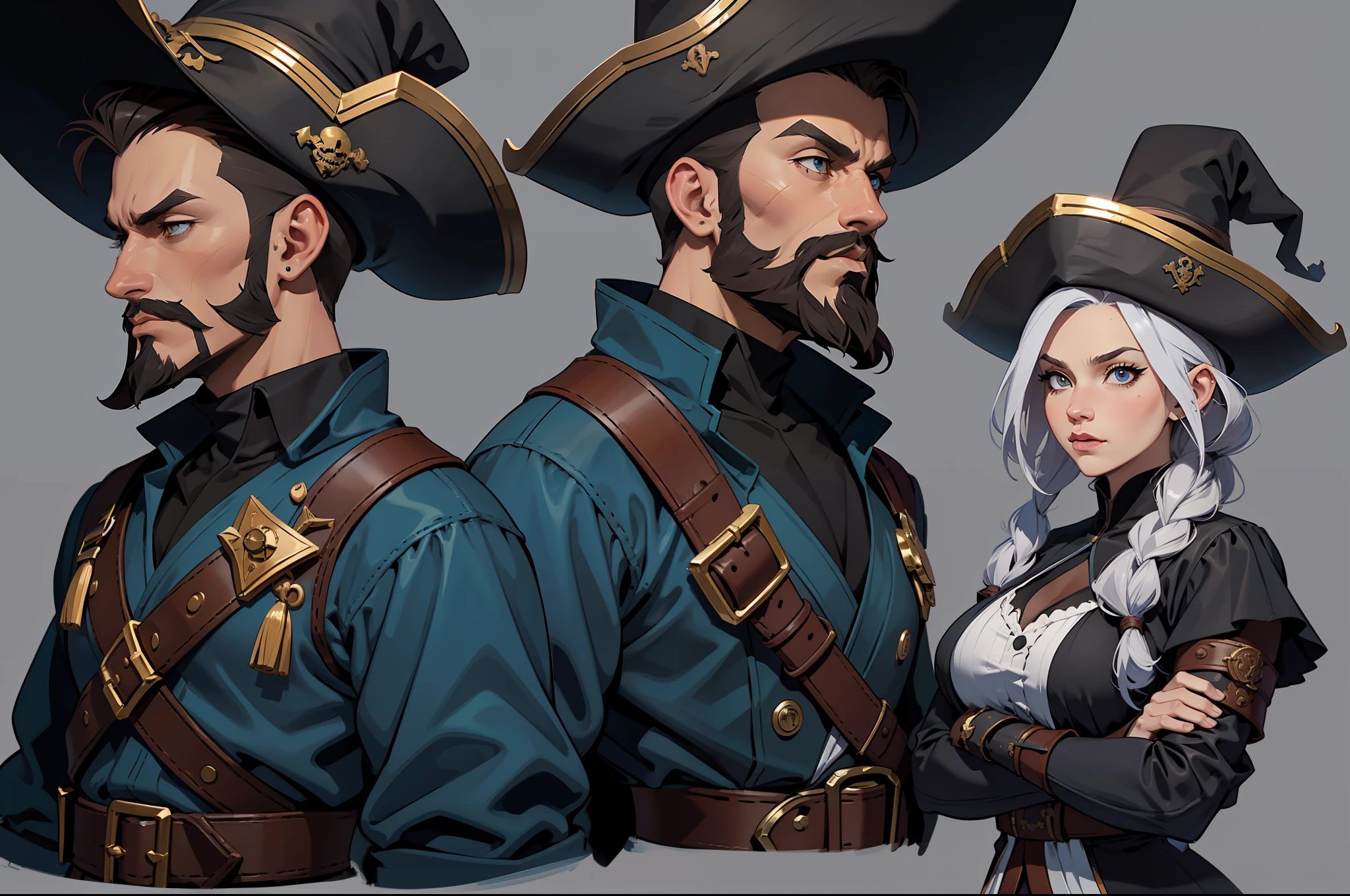 of a guy,a pirate,Beard,bald-headed,Pirate hat,robe,Hands with iron hooks,Muskets,Fierce expression,solo person,full bodyesbian,without background,gaming character,Game concept design,(extremly intricate:1.2),((three sided view,full bodyesbian,Simple background,multiple views,A high resolution)),(CharacterDesignSheet,Same role,frontage,Lateral face,on back),Different perspectives of the same character wearing the same outfit,(simplebackground,white backgrounid:1.3),