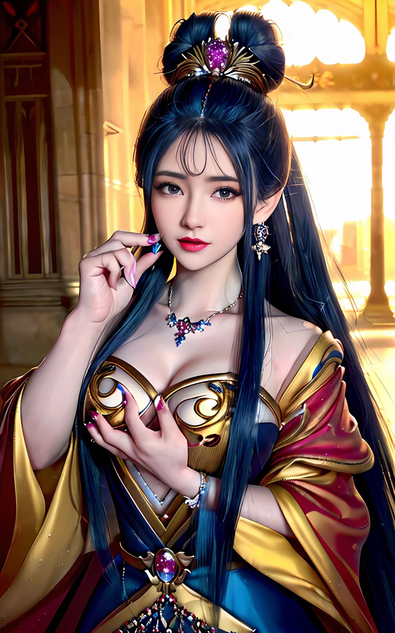 ((realisticity: 1.2)), ((realistic: 8K UHD)), ((best resolution: 8K UHD)), hyper detailed, best quality,masterpiece,highres,cg, ((1 girl hyper detailed and hyper realistic) ) , ((beautiful queen, hyper realistic and hyper detailed)),((white skin, beautiful, smooth, youthful, hyper realistic and hyper detailed )), ((Face hyper beautiful, white, hyper realistic and hyper detailed ) ), long hair, ((hyper realistic and hyper detailed dress)), solo, ((hyper realistic, hyper beautiful, beautiful and hyper detailed jewelry)), ((hyper beautiful deep red and golden yellow dress, hyper realistic and hyper detailed )) , ((Her pretty, hyper realistic, hyper detailed diamond filled earrings)), ((Her gorgeous diamond haircut, hyper realistic and hyper detailed)), ((hyper pretty upper body, hyper beautiful, hyper realistic and hyper detailed) ), ((medium breast: 1.5)), ((hyper realistic, hyper pretty, hyper detailed boobs)), ((the backgroun of the royal palace is hyper majestic, hyper realistic and hyper detailed)),((hands and palms hyper beautiful, hyper detailed, hyper realistic)), ((hyper detailed and hyper realistic fingers and fingernails)), ((hyper pretty, hyper pretty, hyper realistic and hyper detailed hair bun)), ((hyper pretty , hyper realistic and hyper detailed blue hair)), candid, Photo, high resolution, 8k , bokeh,