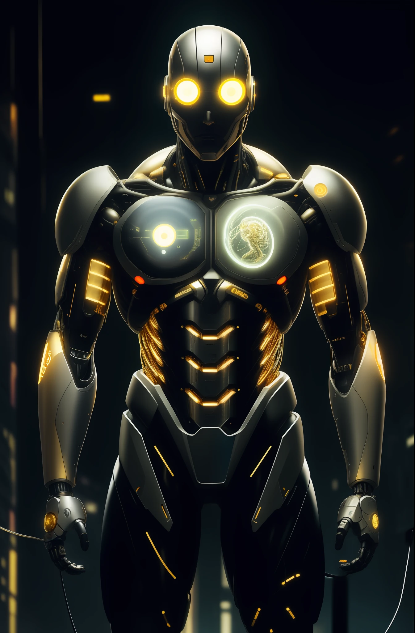 man, gold oil leaking from wires , cyborg man | with a visible detailed brain | muscles cable wires | biopunk | cybernetic | cyberpunk | Luminous light strip,Frosted silver metal,Future Technology,Fantasy Art, canon m50 | 100mm | sharp focus | smooth | hyperrealism | highly detailed | intricate details | carved