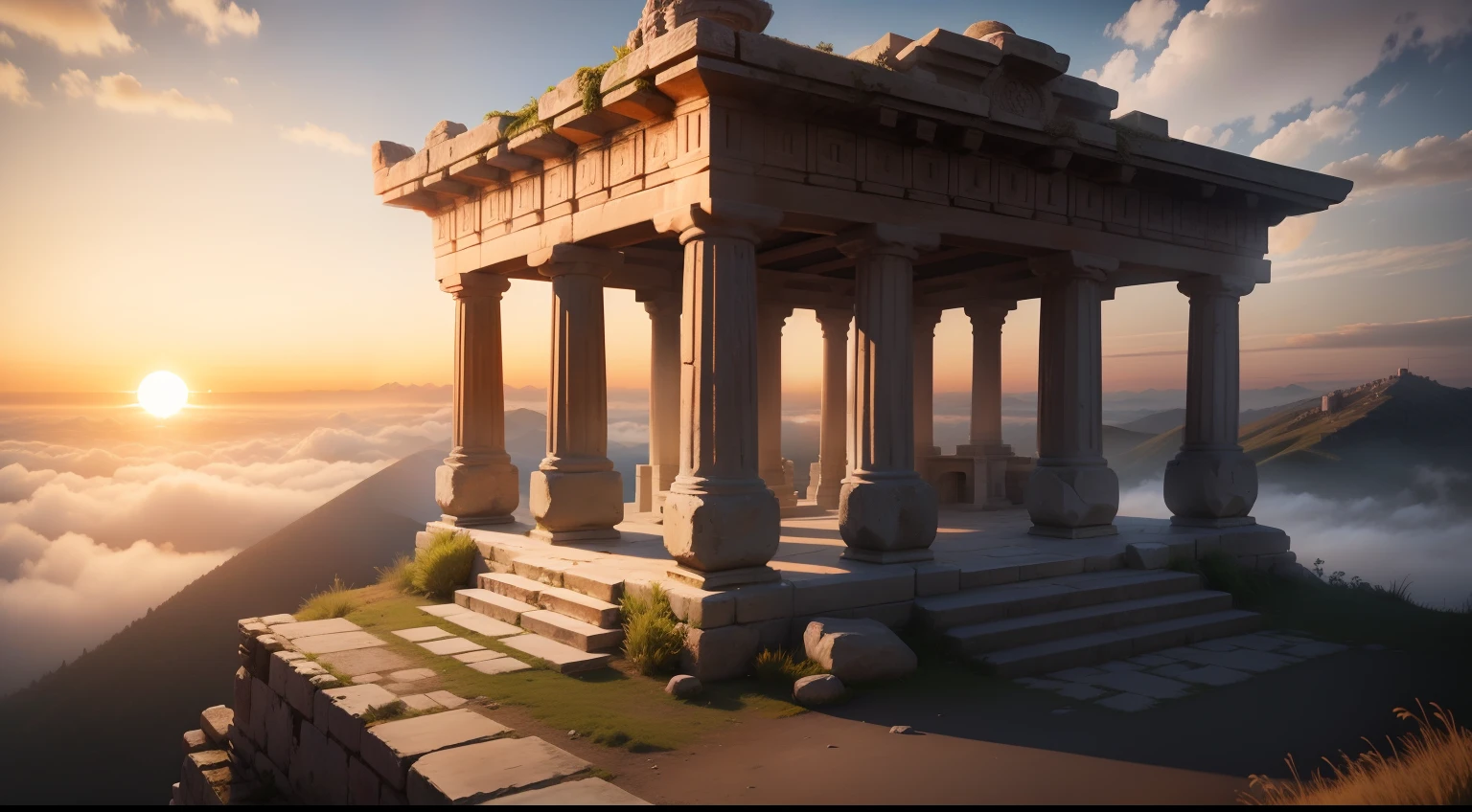 medieval greek garden temple on top of a montain, cinematographic, 8k, ultra realistic, fog, sunset horizon, sun light, very detailed